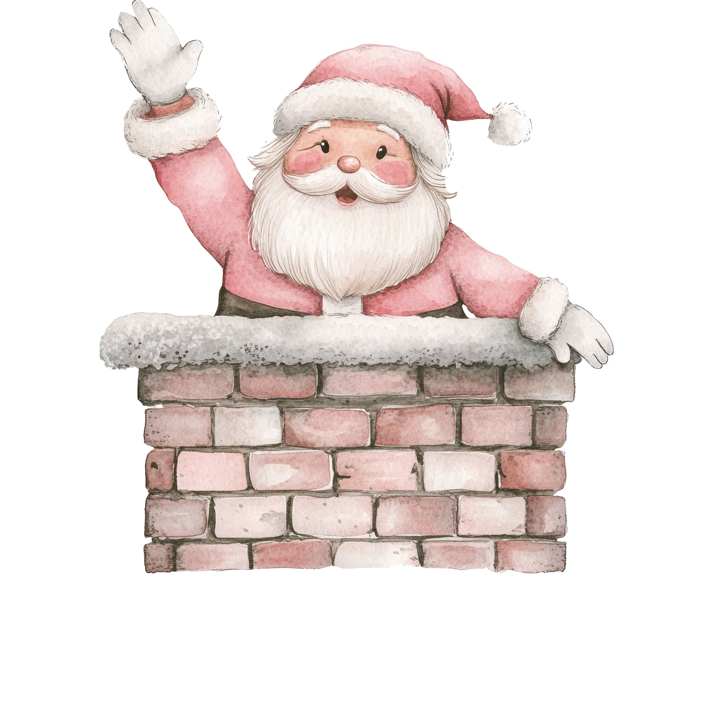 Weihnachtsmann in rosa Outfit winkt aus Schornstein.