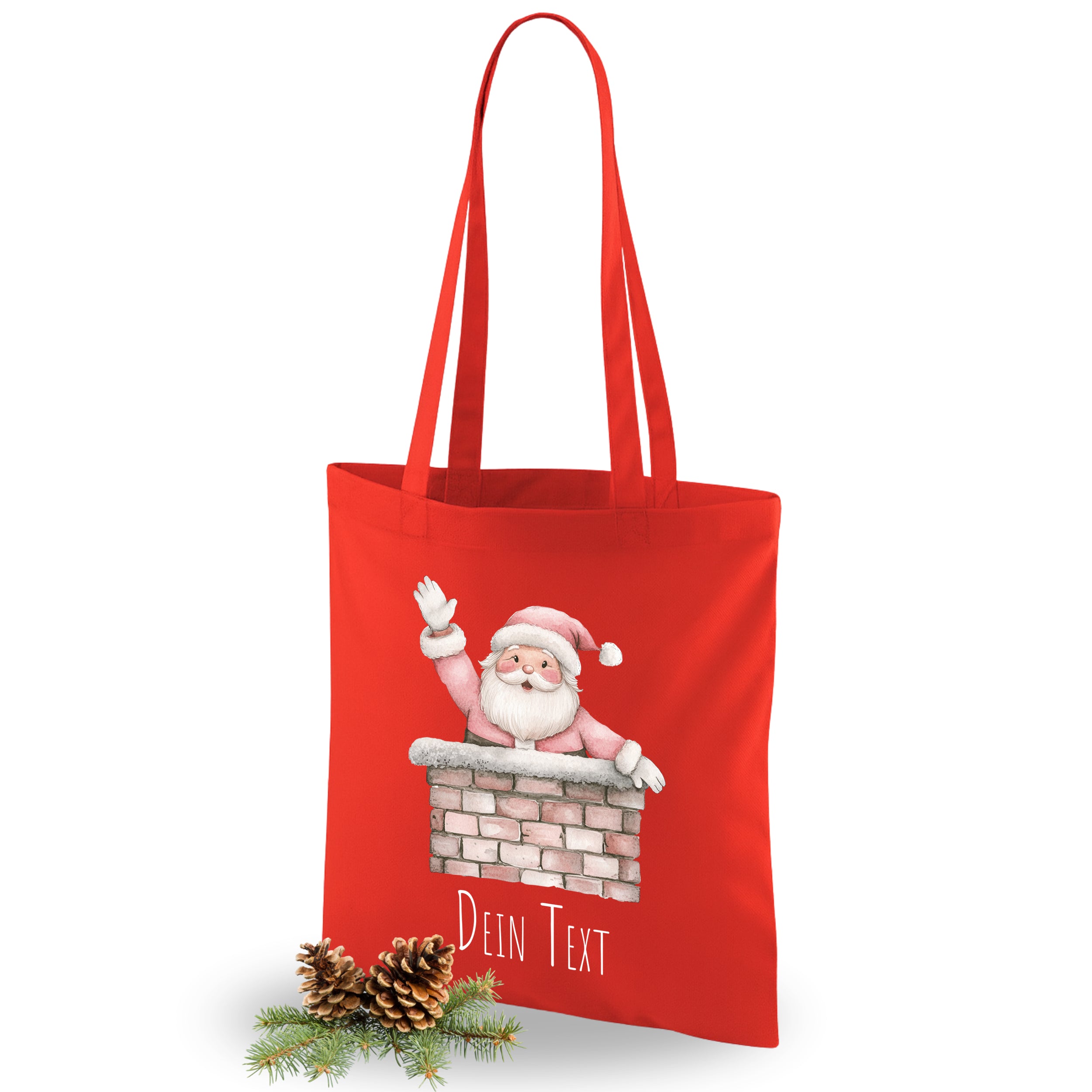 Rote Stofftasche mit Weihnachtsmann und personalisierbarem Text.