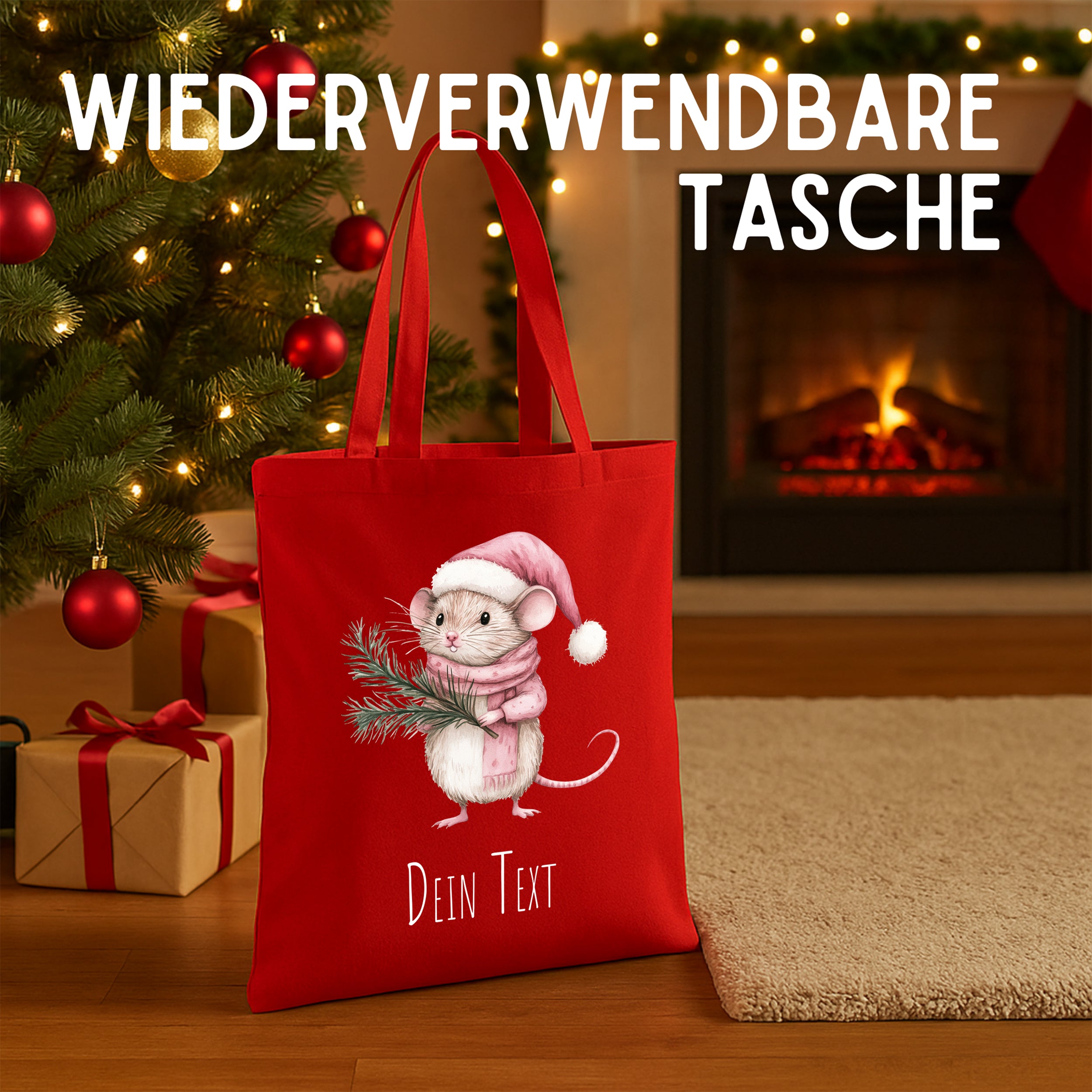 Wiederverwendbare rote Tasche mit niedlicher Weihnachtsmaus.
