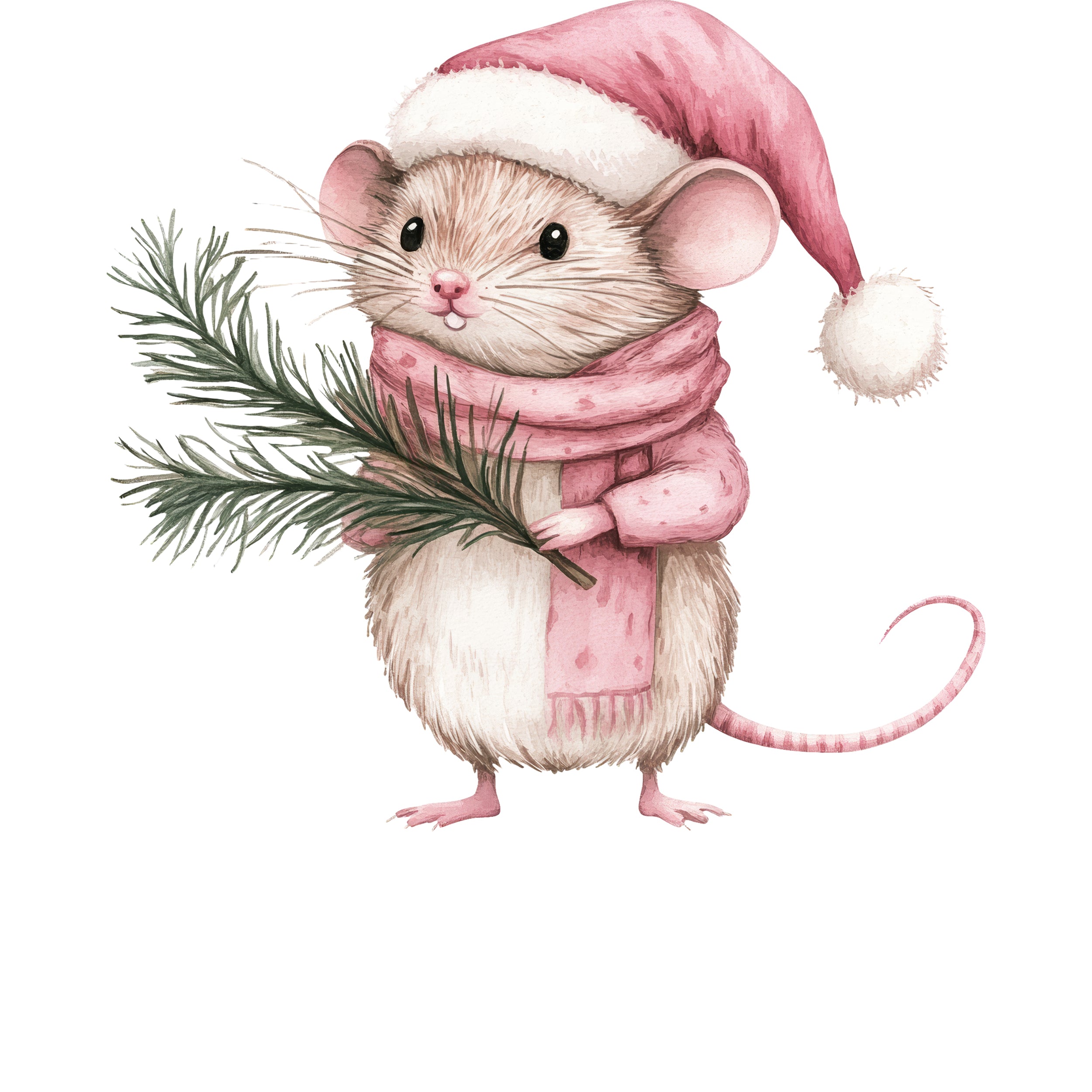 Niedliche Maus mit rosa Weihnachtsmütze und Schal, Tannenzweig.