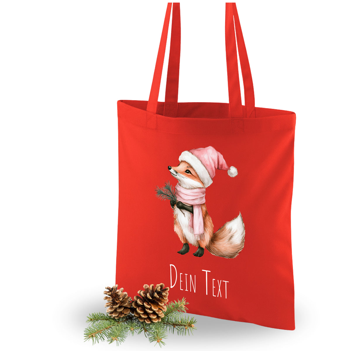 Rote Tragetasche mit Fuchs im Weihnachtslook und personalisierbarem Text.