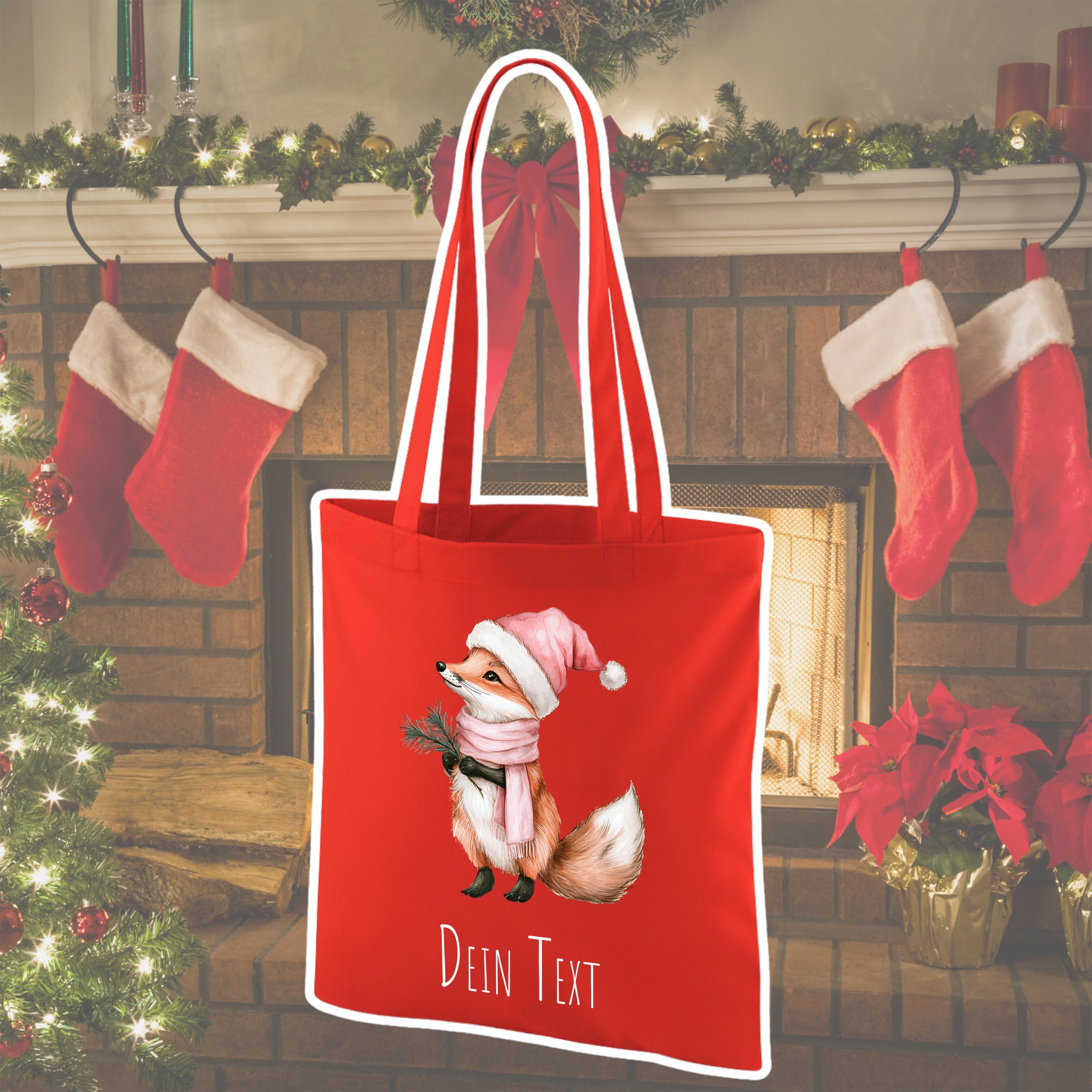 Rote Tragetasche mit Weihnachtsfuchs und Text.