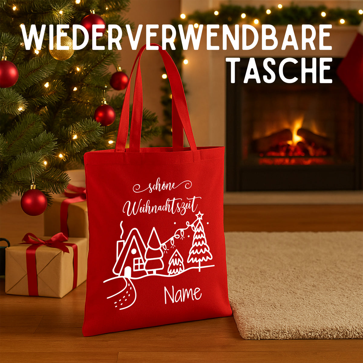 Rote wiederverwendbare Tasche mit Weihnachtsmotiv und personalisierbarem Namen.