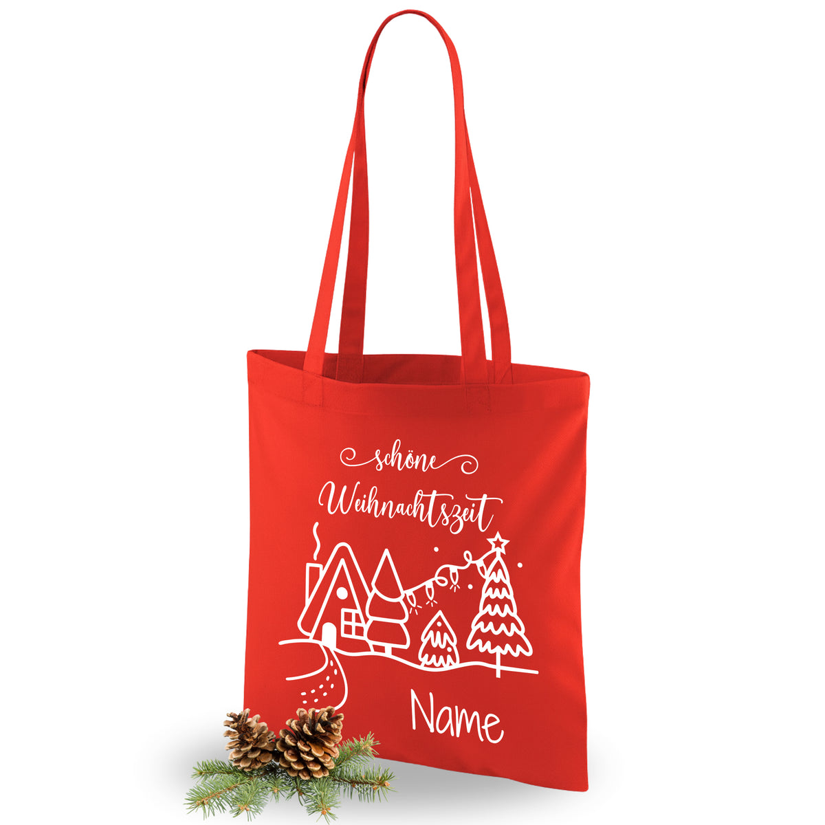 Rote Baumwolltasche mit Weihnachtsmotiv und personalisierbarem Namen.