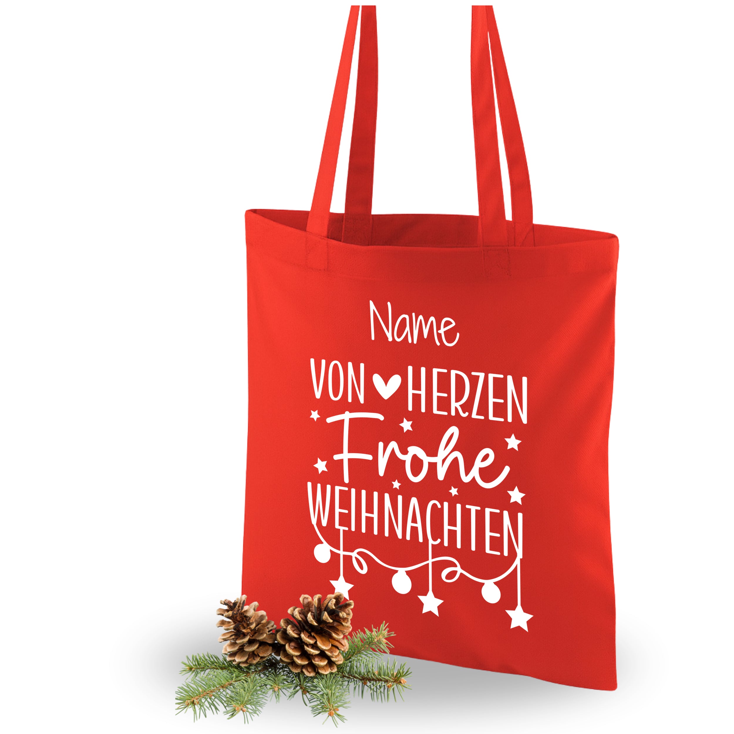 Rote Weihnachts-Tasche mit weißem Druck und personalisierbarem Namen.