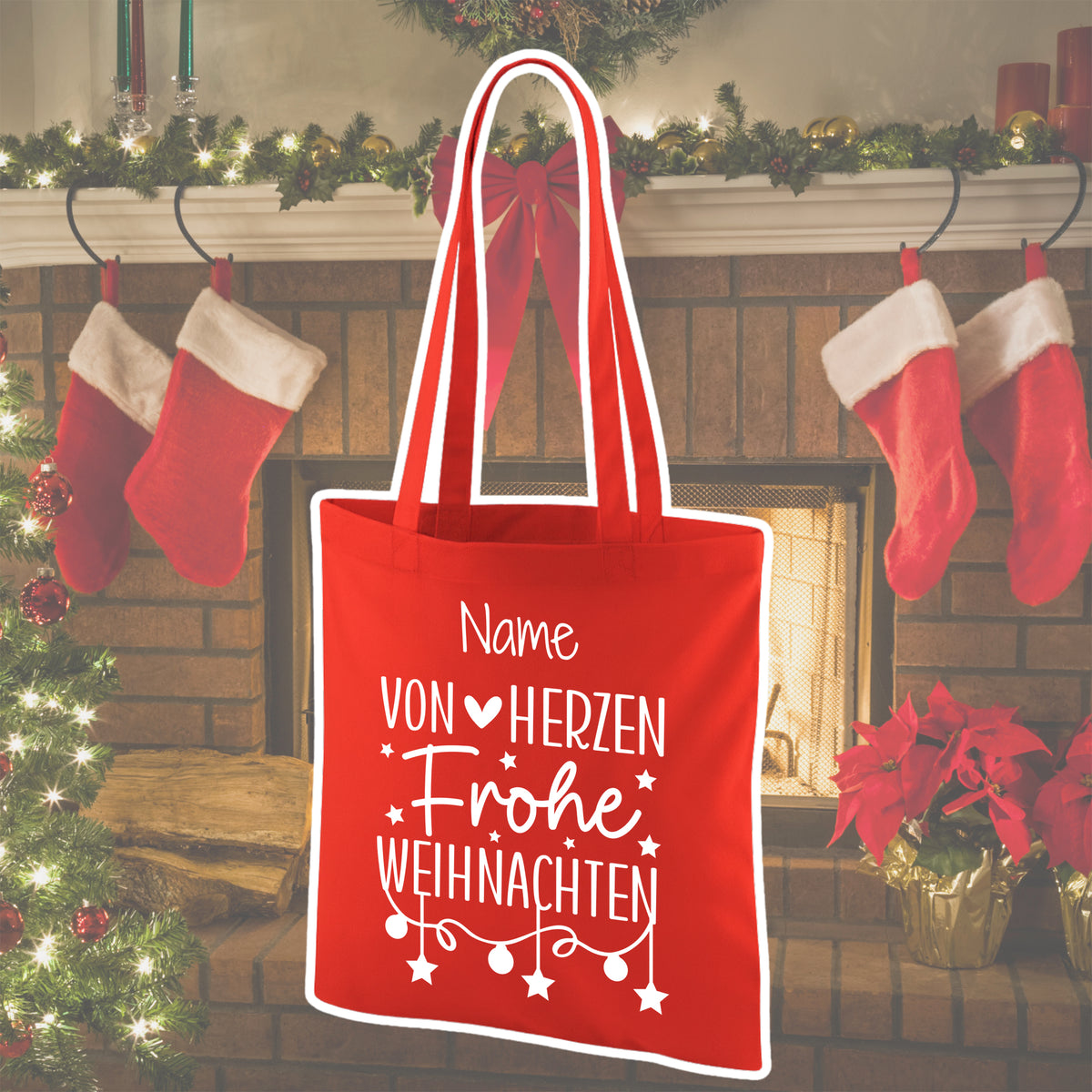 Rote Weihnachts-Tasche mit personalisierbarem Text.