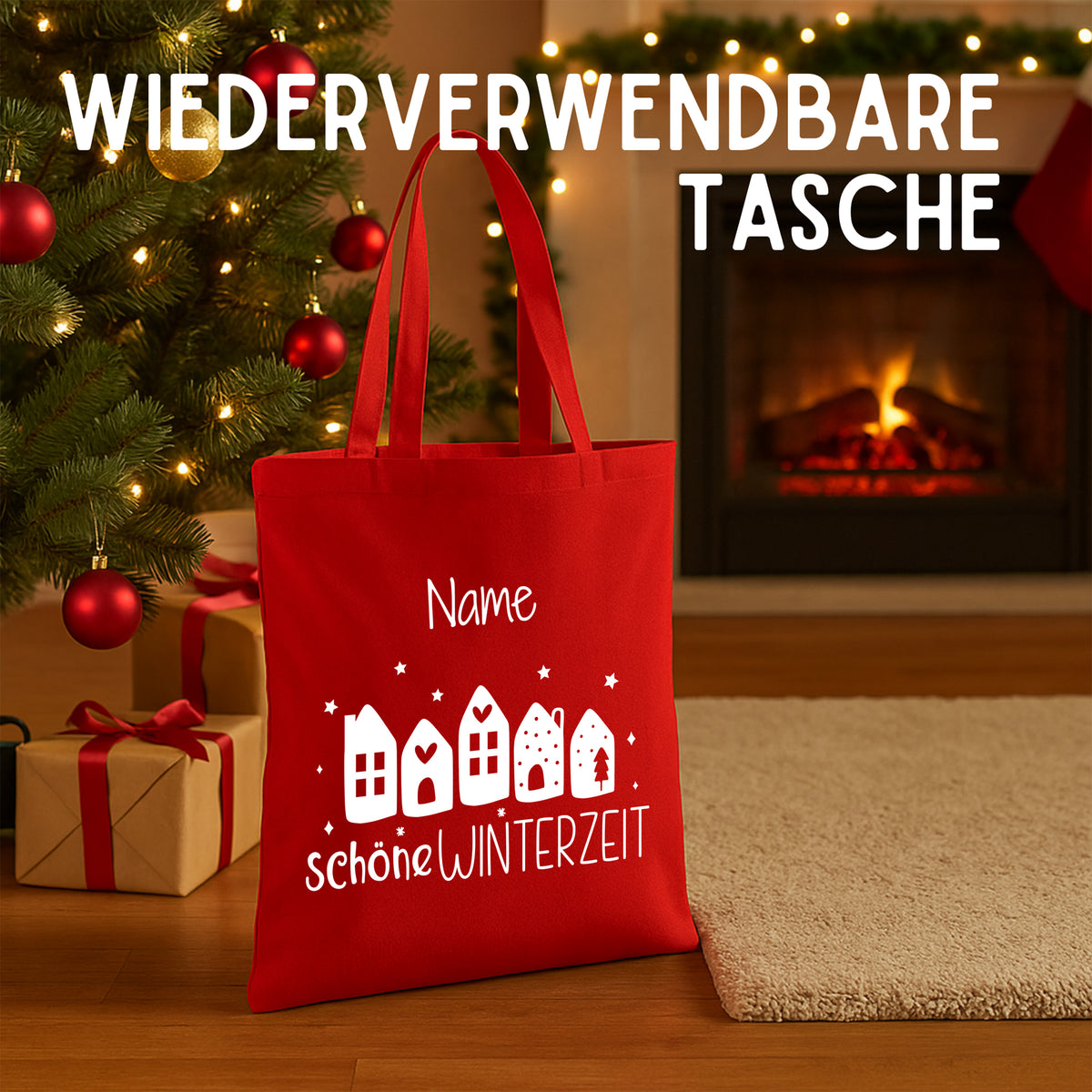 Rote wiederverwendbare Tasche mit winterlichem Hausdesign.