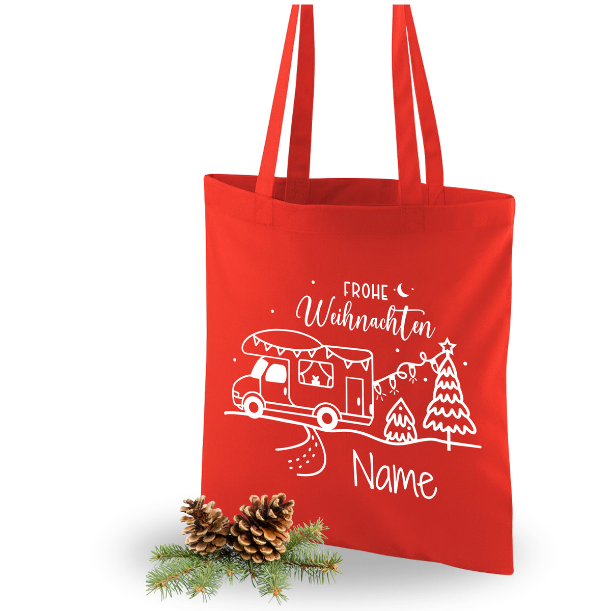 Rote Weihnachts-Tasche mit Truck und Baum-Motiv