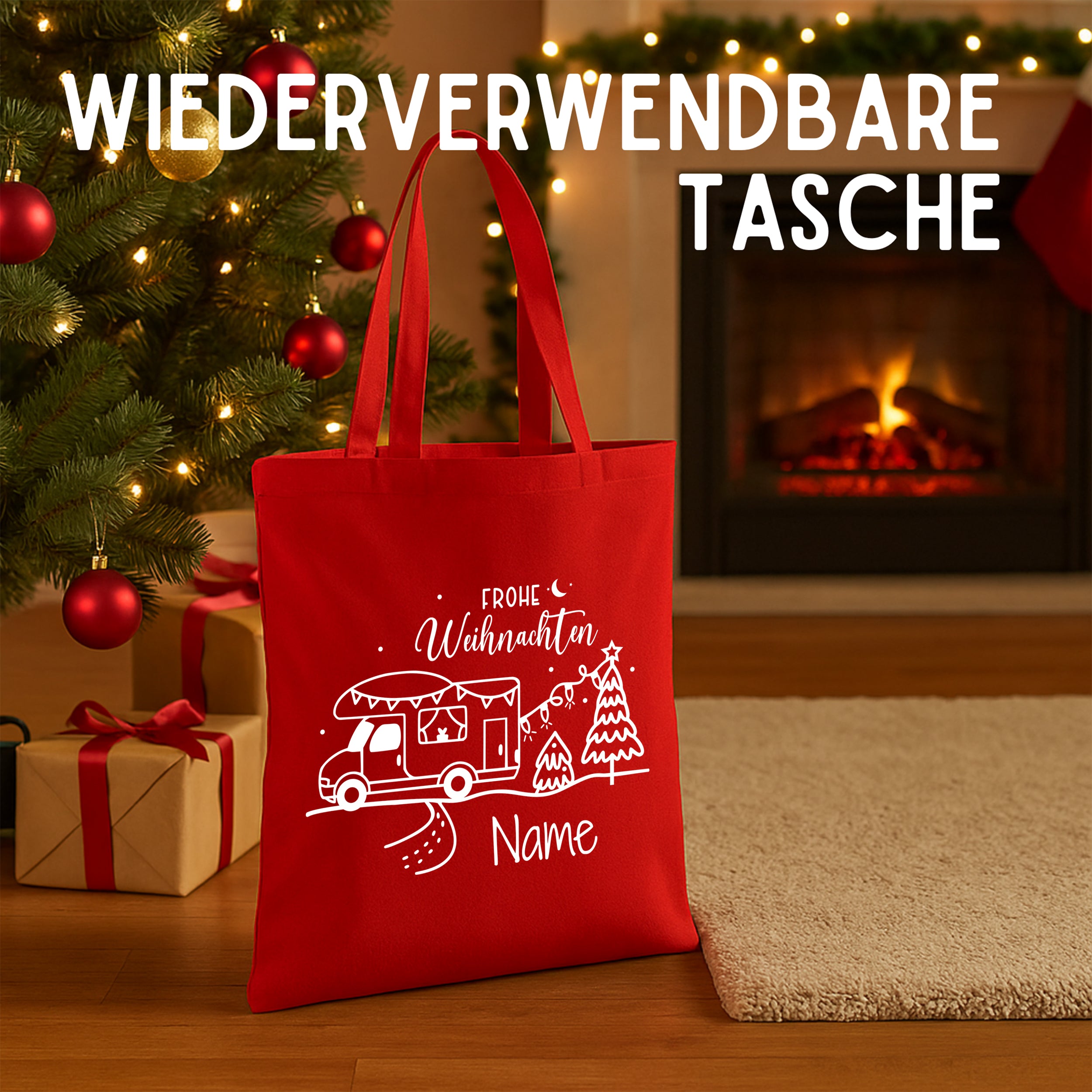 Rote wiederverwendbare Tasche mit Weihnachtsmotiv und personalisierbarem Namen.