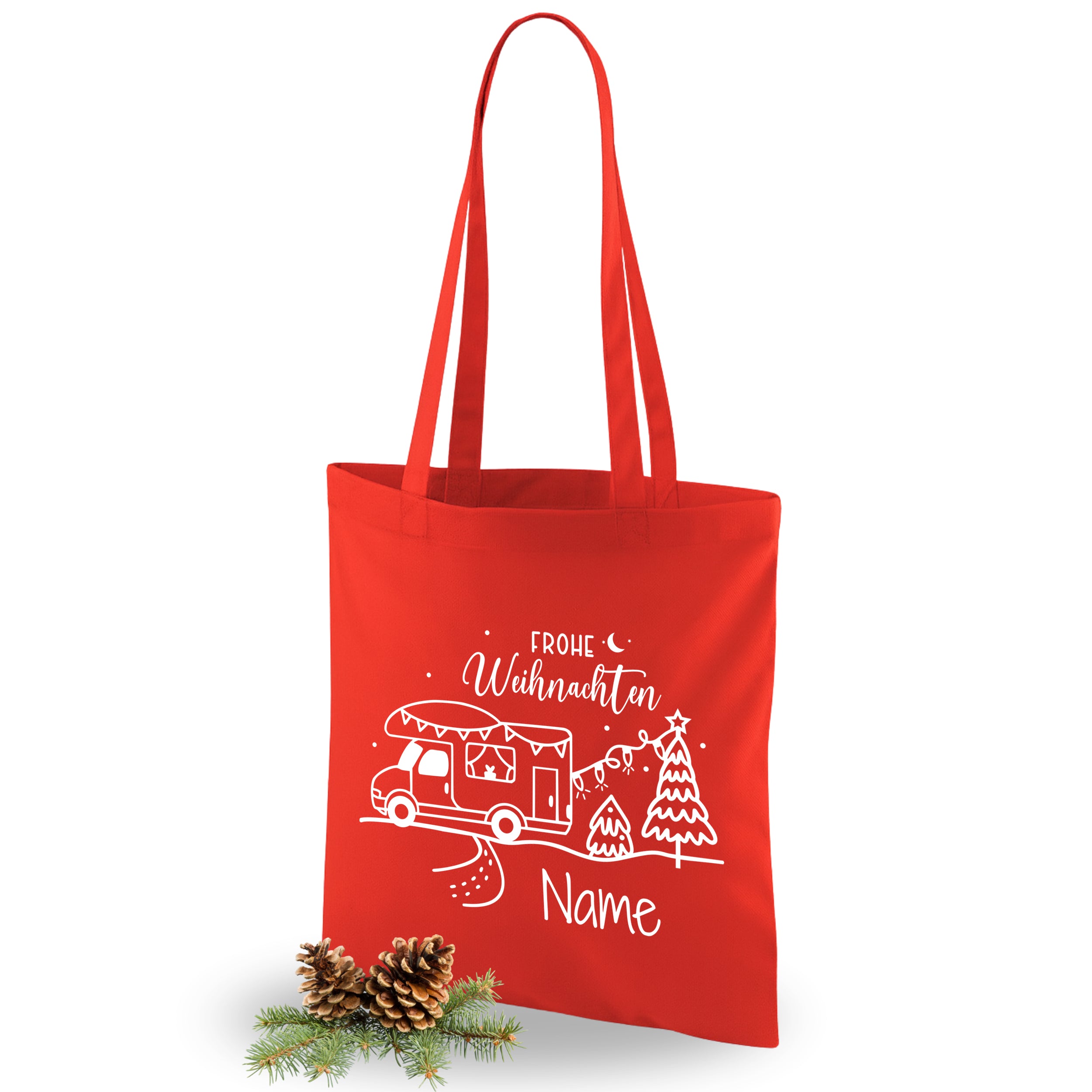 Rote Weihnachts-Tasche mit Schriftzug und Weihnachtsmotiven