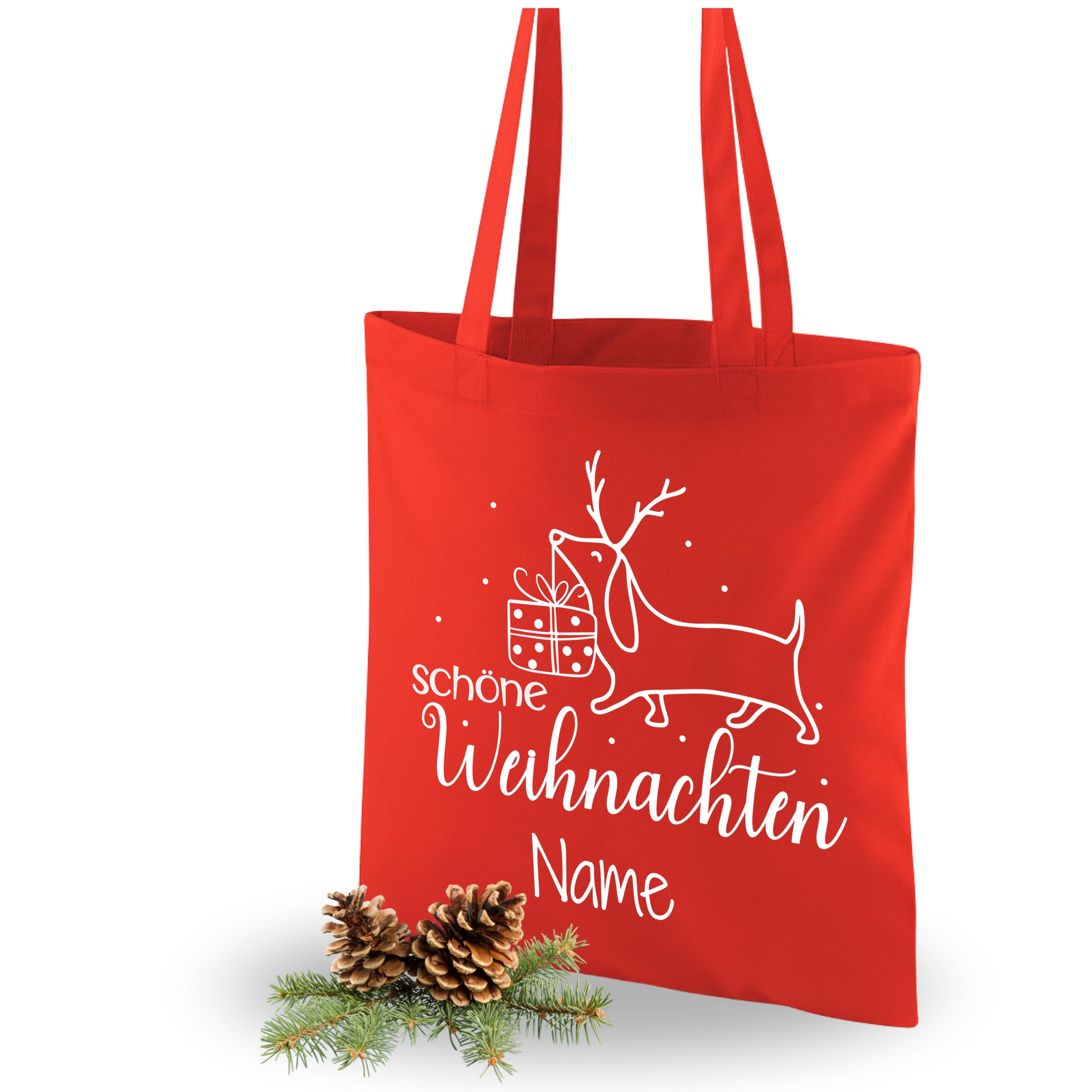 Rote Weihnachts-Tasche mit Hund und Geschenk, personalisierbar.