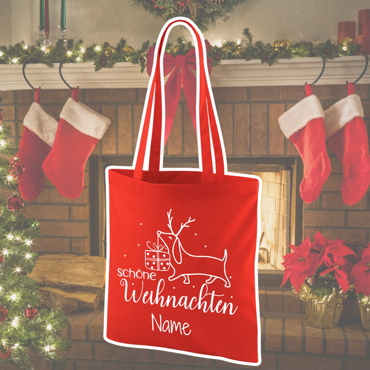 Rote Weihnachts-Tasche mit Rentier und Geschenk-Design.