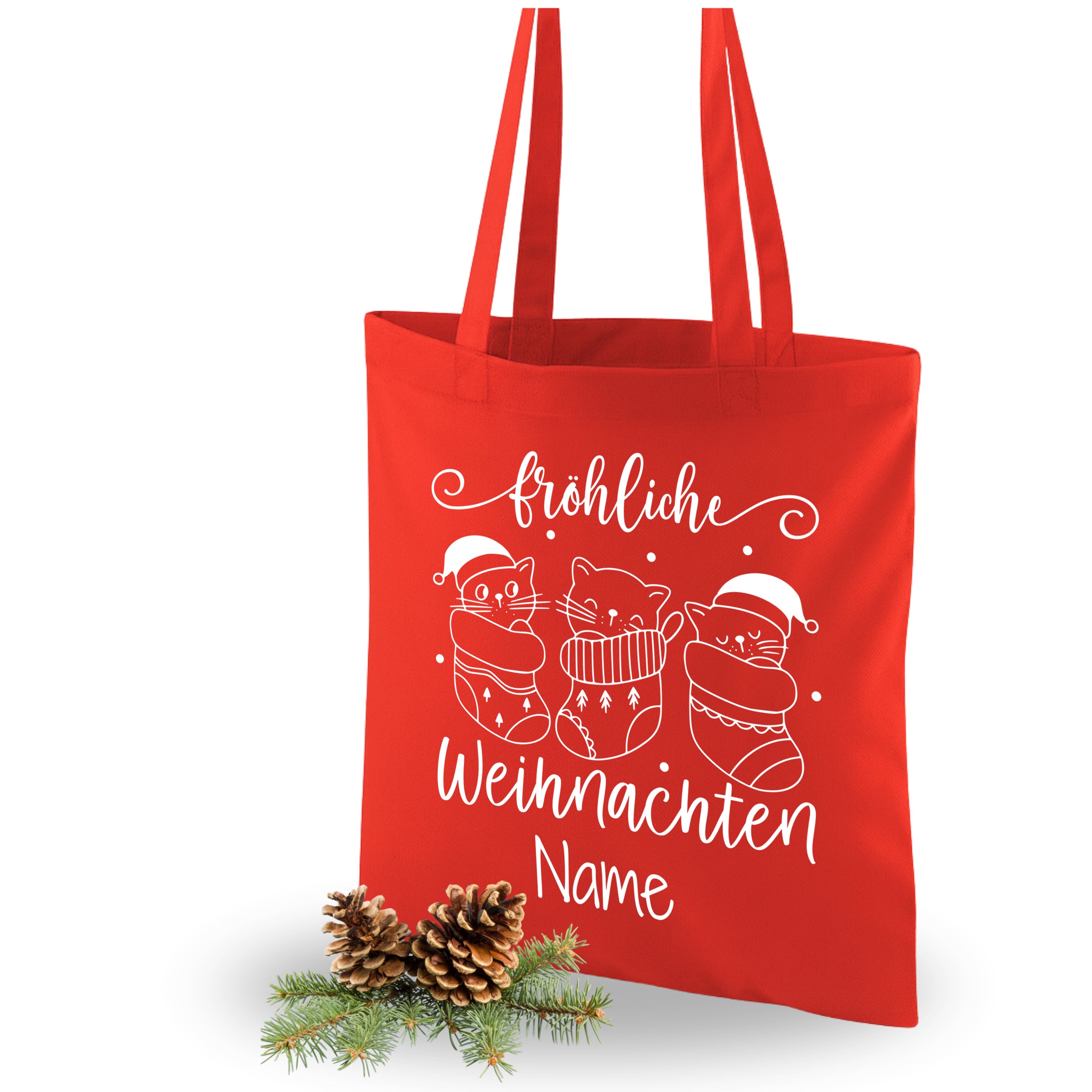 Rote Einkaufstasche mit Weihnachtsmotiv und personalisierbarem Namen