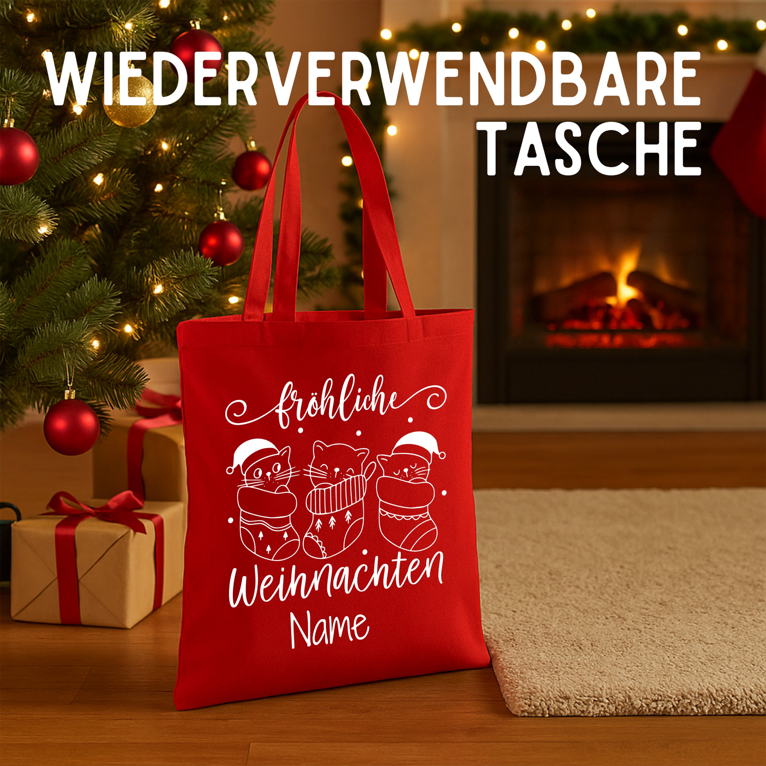 Wiederverwendbare rote Tasche mit Weihnachtsmotiven und personalisierbarem Namen.