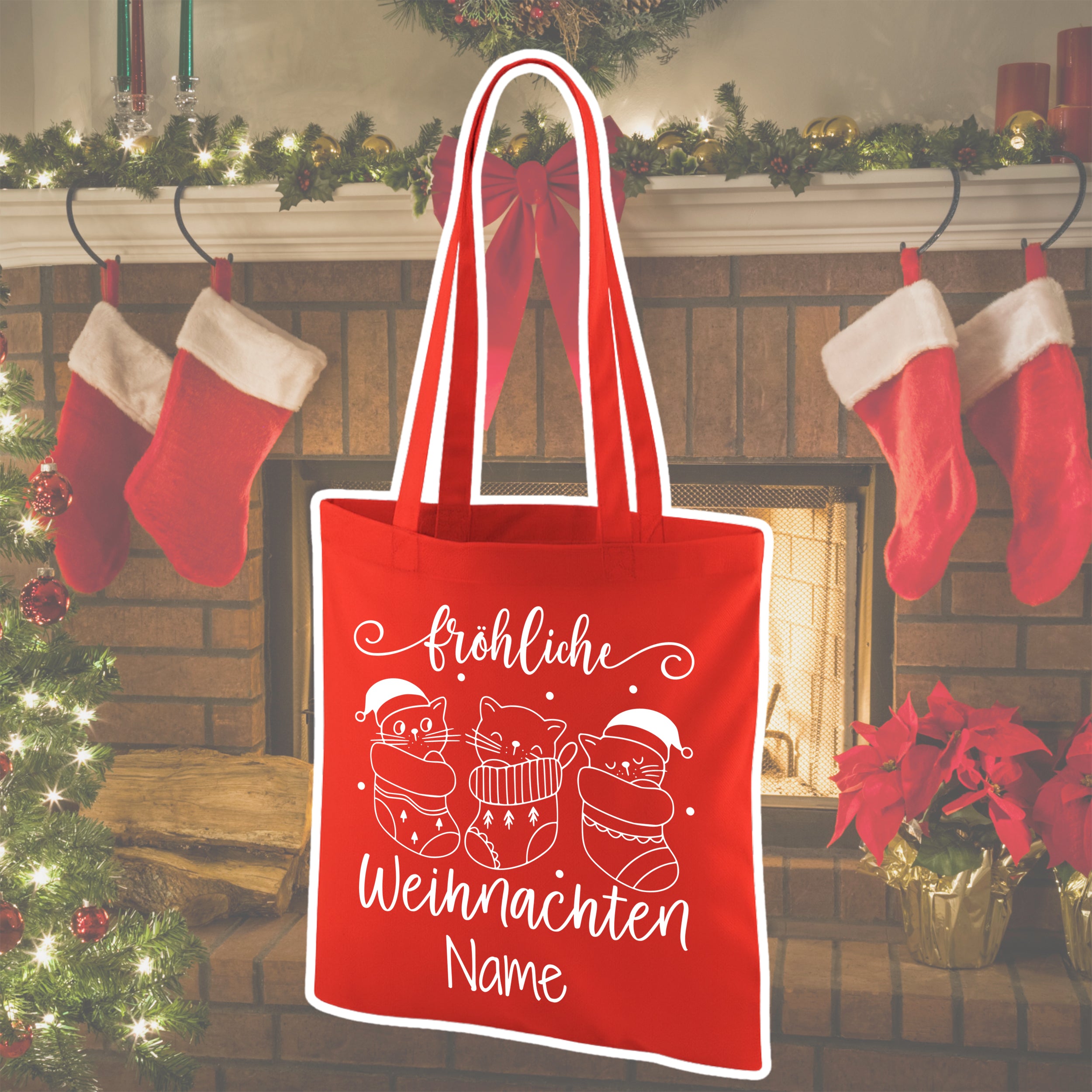 Rote Weihnachts-Tasche mit Katzenmotiven und personalisierbarem Text.