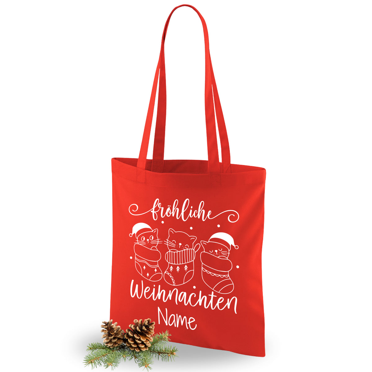 Rote Weihnachts-Tasche mit Katzenmotiven und personalisierbarem Namen.