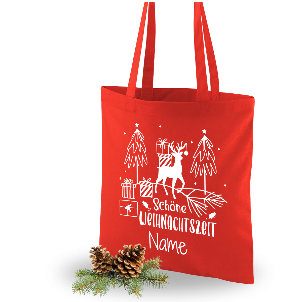 Rote Stofftasche mit Weihnachtsmotiven und personalisierbarem Namen.