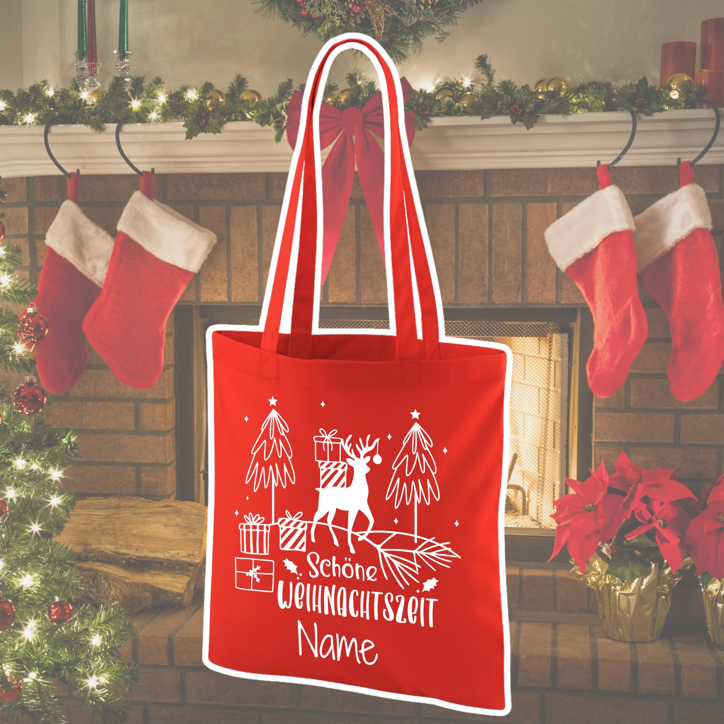 Rote Weihnachts-Tasche mit Rentier und Geschenken.