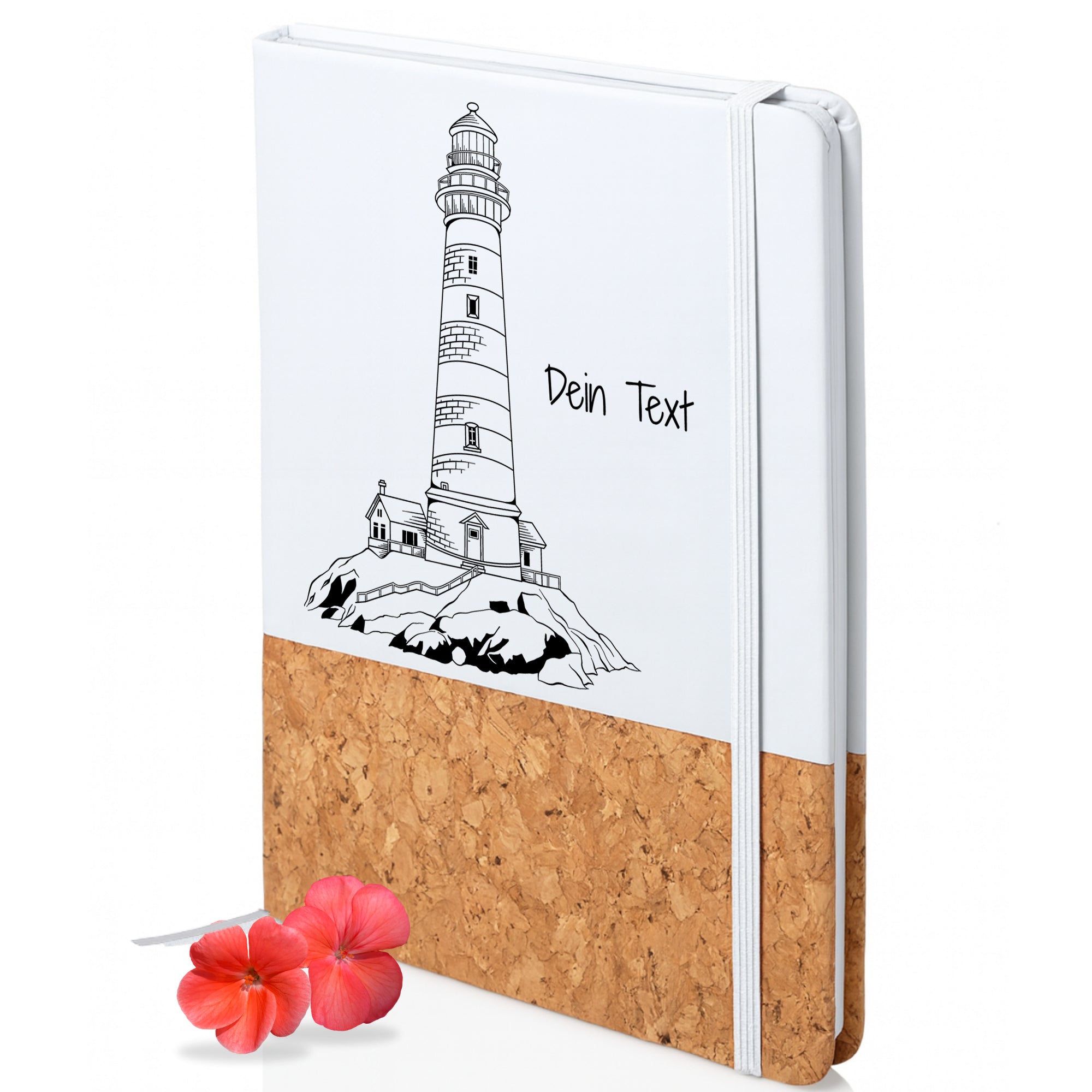 Notizbuch mit Leuchtturmmotiv und personalisierbarem Text