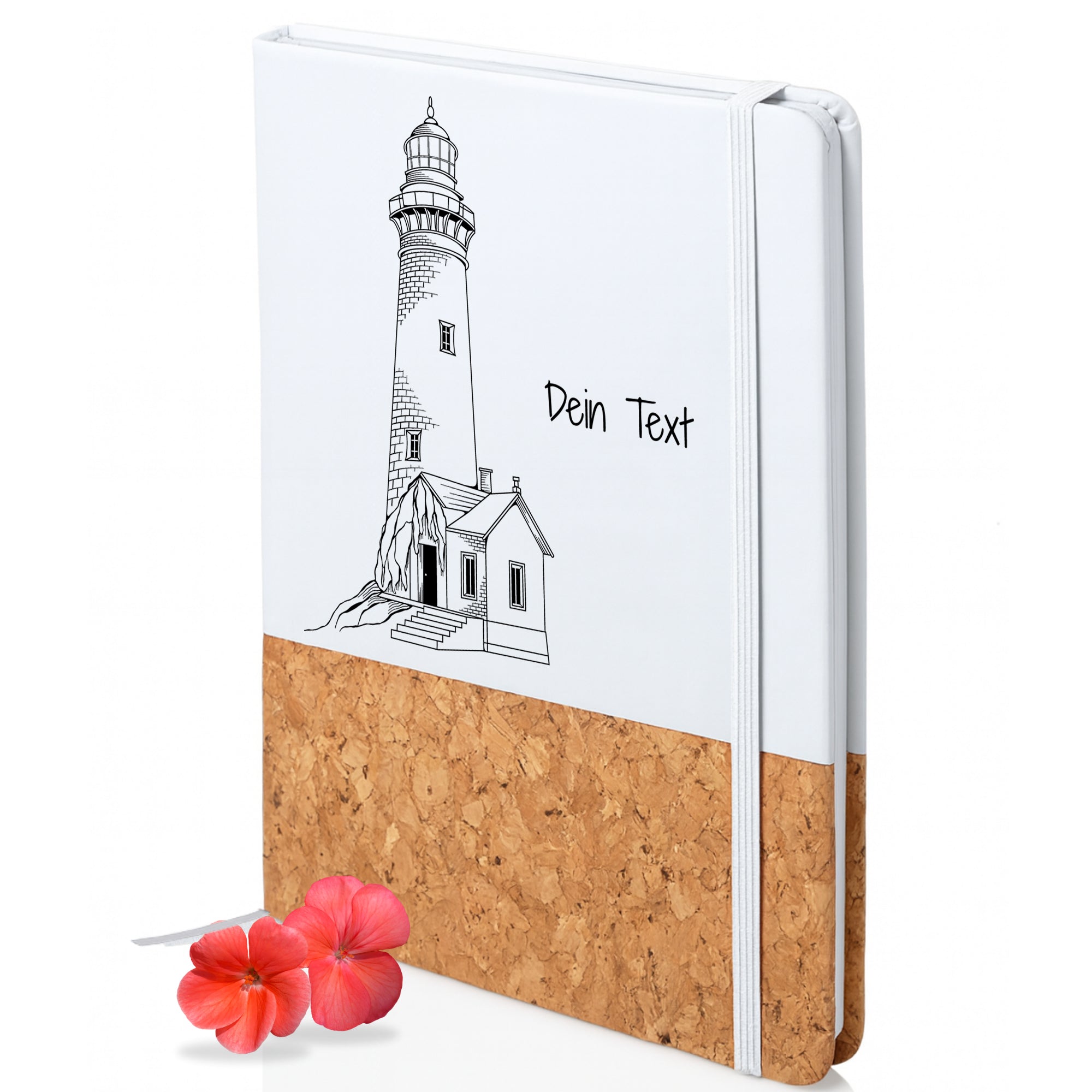Notizbuch mit Leuchtturm auf Felsen und personalisierbarem Text