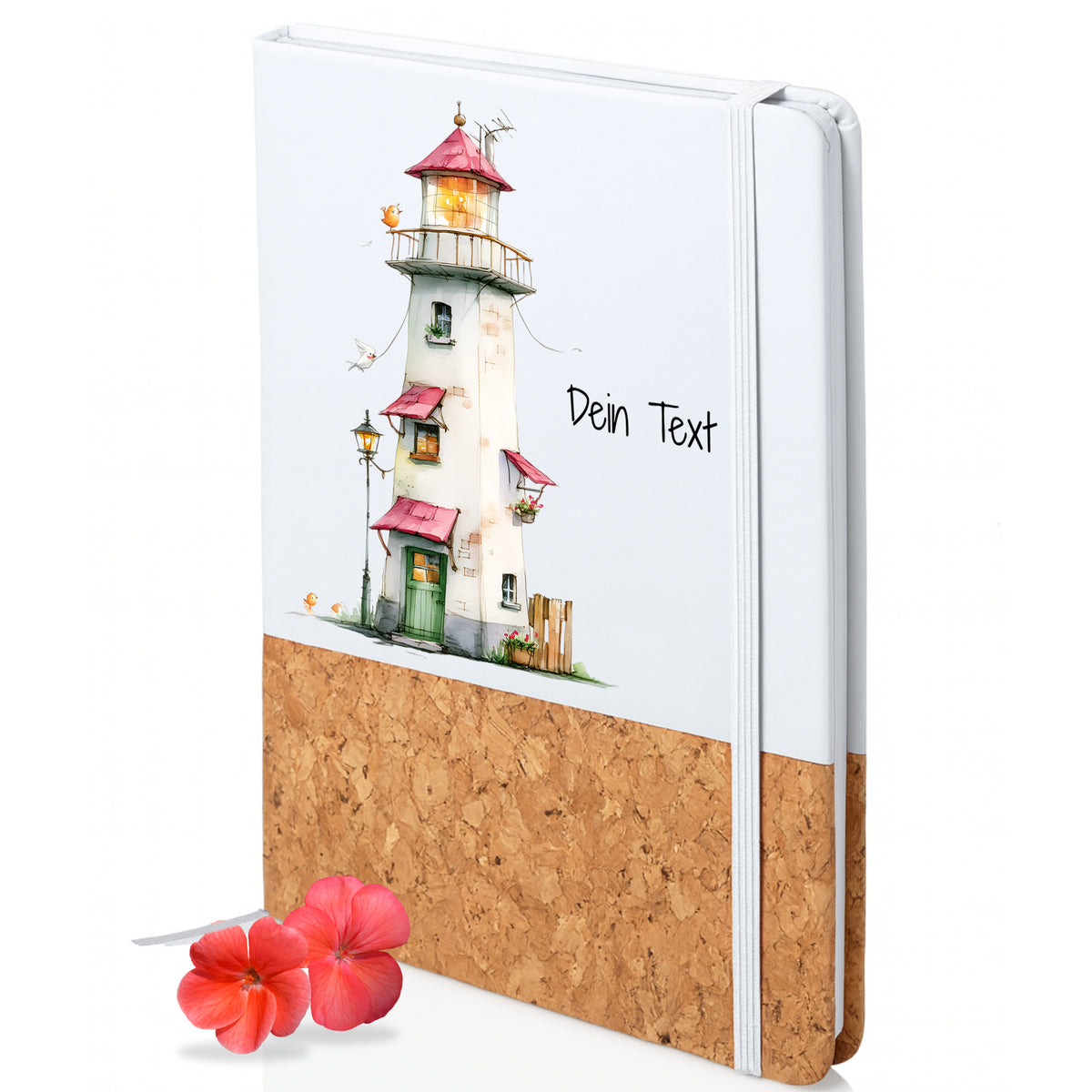 Notizbuch mit buntem Leuchtturmmotiv und personalisierbarem Text