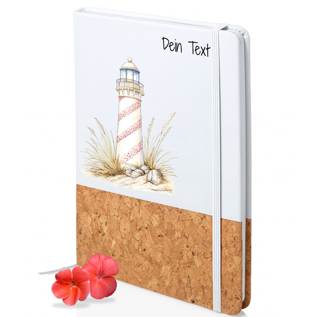 Notizbuch mit Leuchtturm im Dünengras und personalisierbarem Text