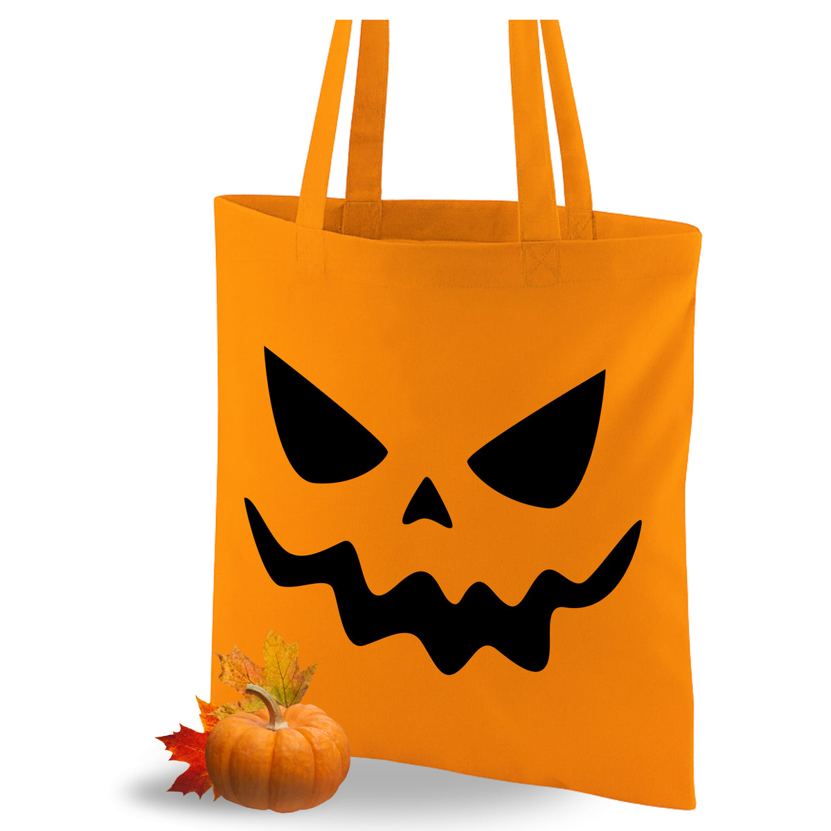 Orange Halloween-Tasche mit schwarzem Gespenster-Gesicht.
