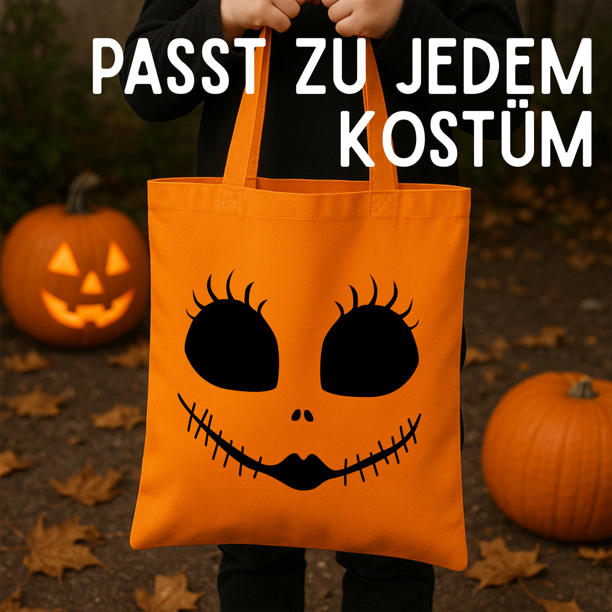 Oranger Einkaufstasche mit schwarzem Totenkopf-Motiv.