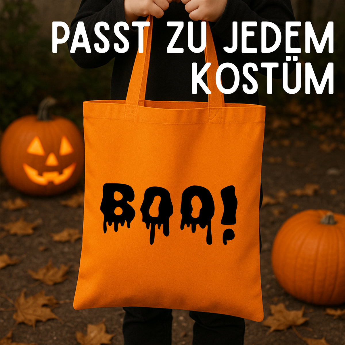 Orangenes Einkaufstasche mit schwarzem "BOO!"-Aufdruck.