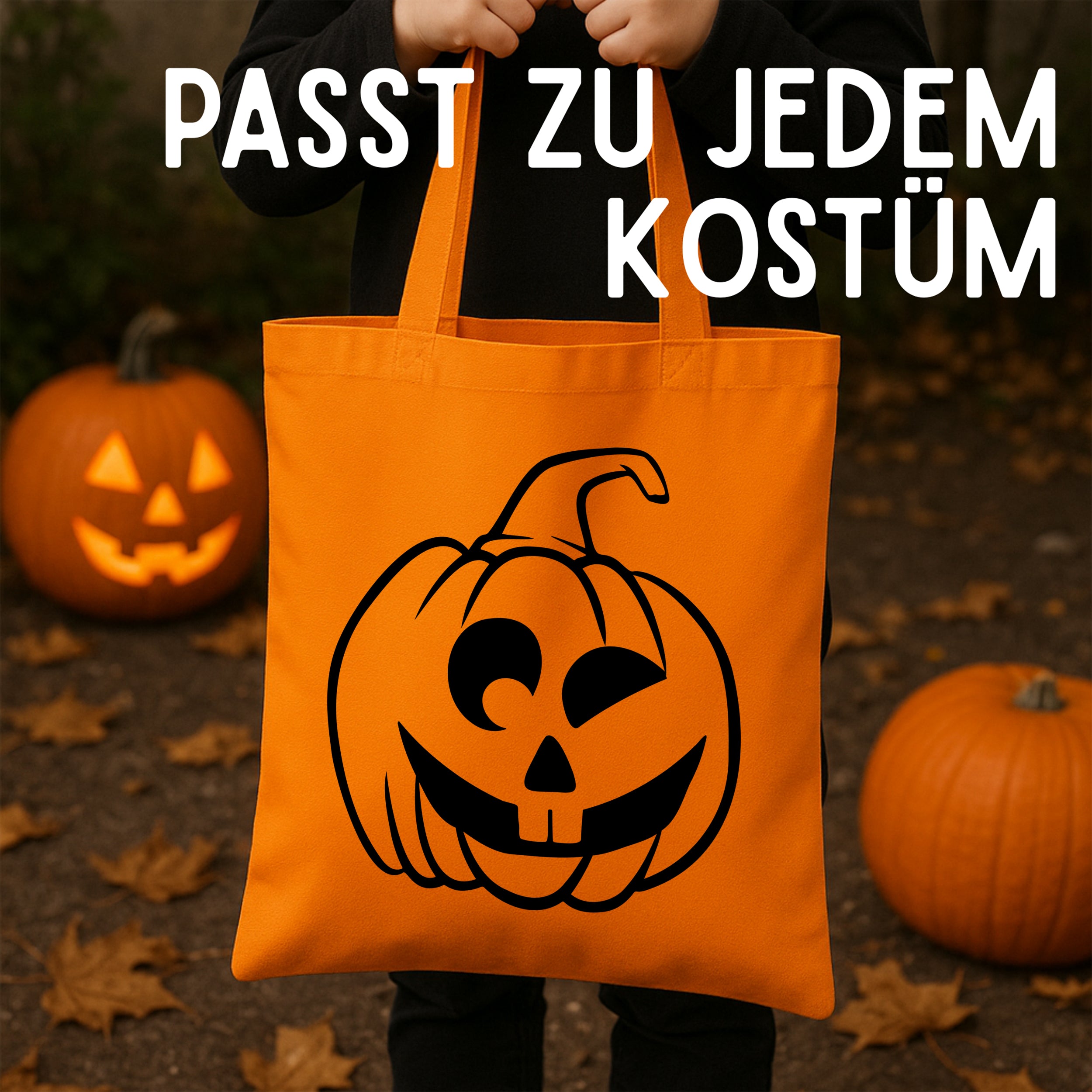 Oranger Halloween-Beutel mit grinsendem Kürbis-Motiv.