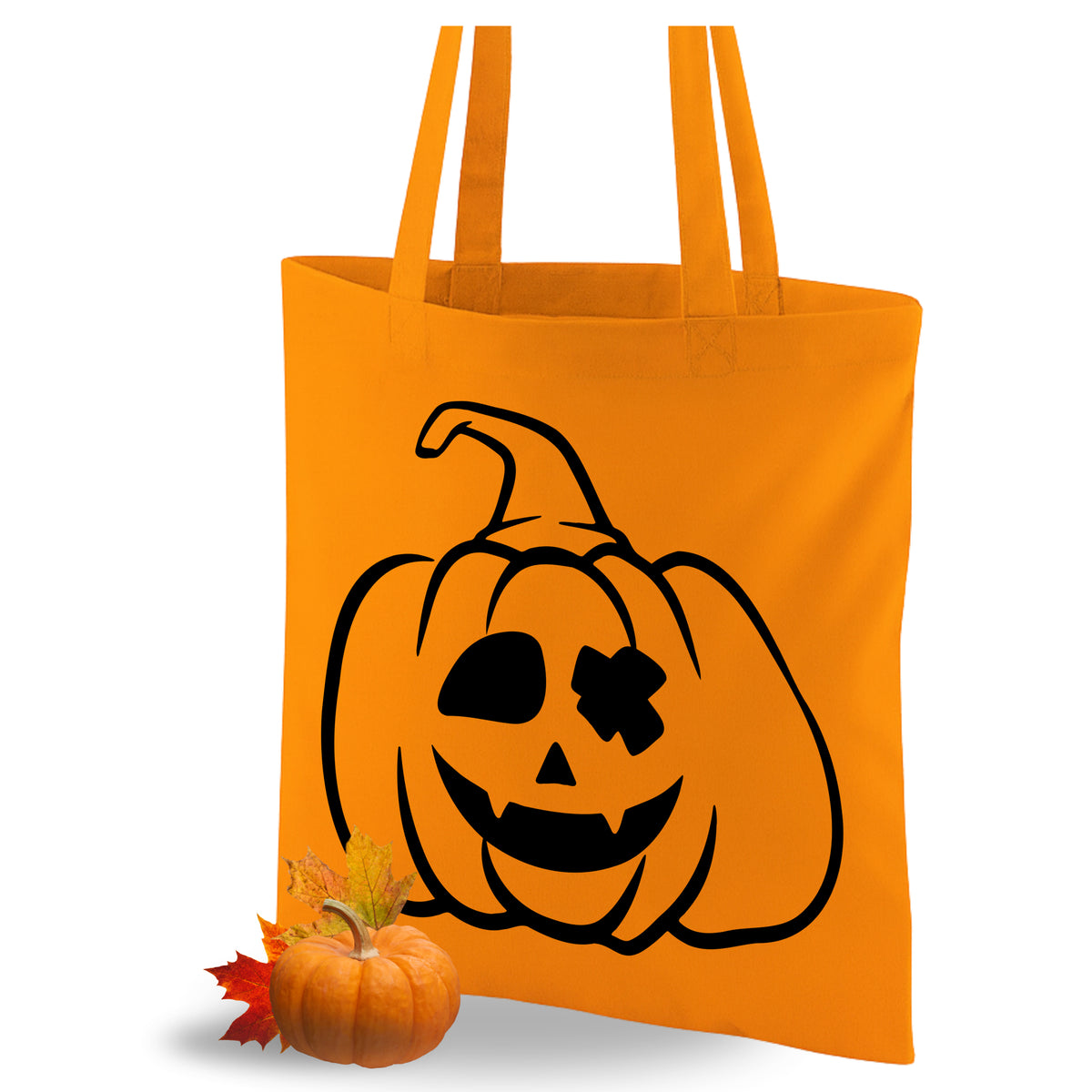 Orange Tasche mit schwarzem Kürbis-Motiv und zwei Trägern.