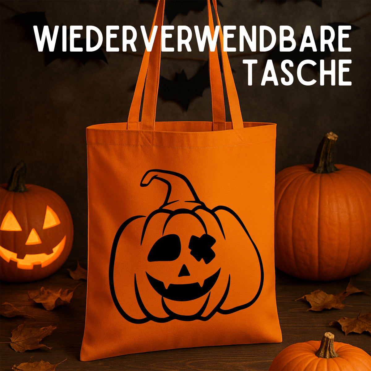 Wiederverwendbare orange Tasche mit Kürbis-Motiv.