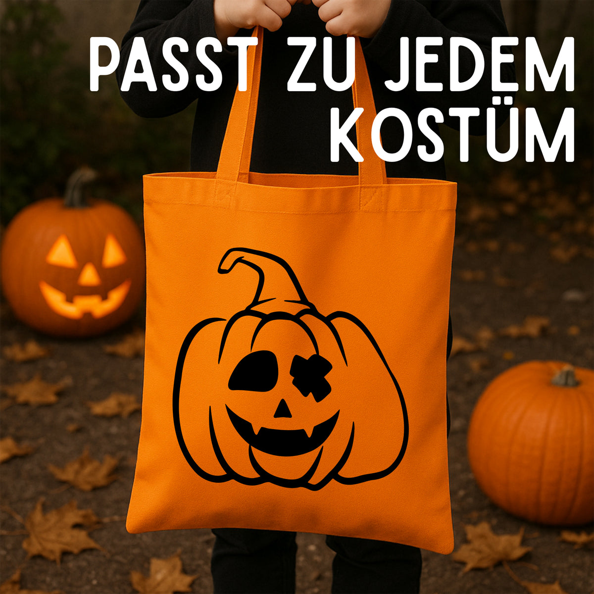 Orangefarbene Tasche mit grinsendem Kürbis-Motiv.