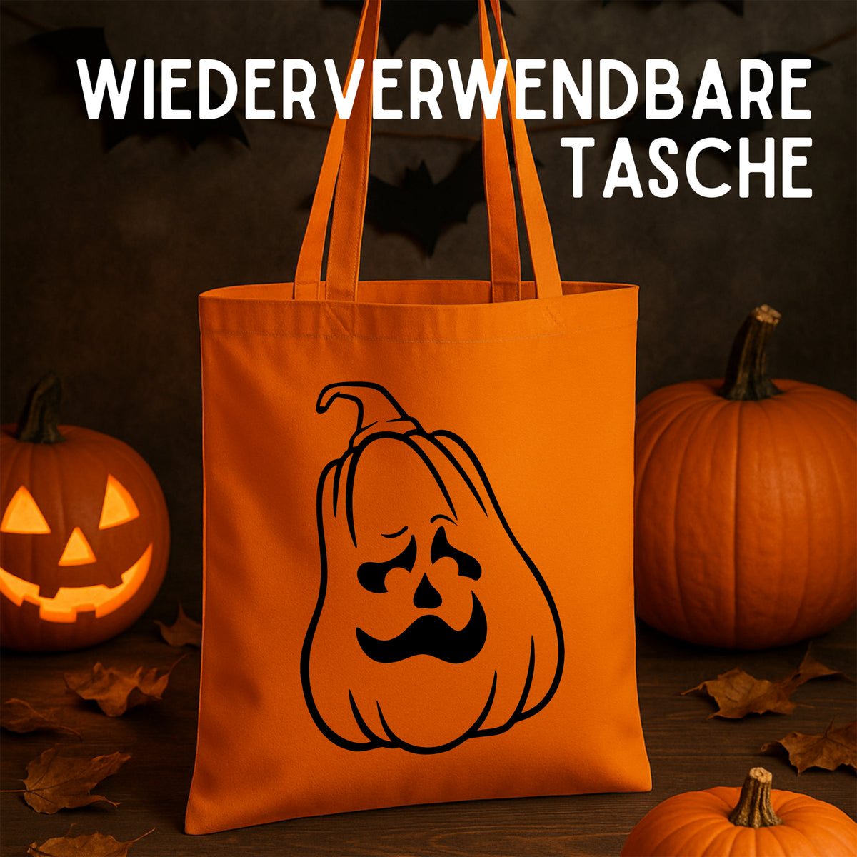 Wiederverwendbare orange Tasche mit gruseligem Kürbis-Motiv.