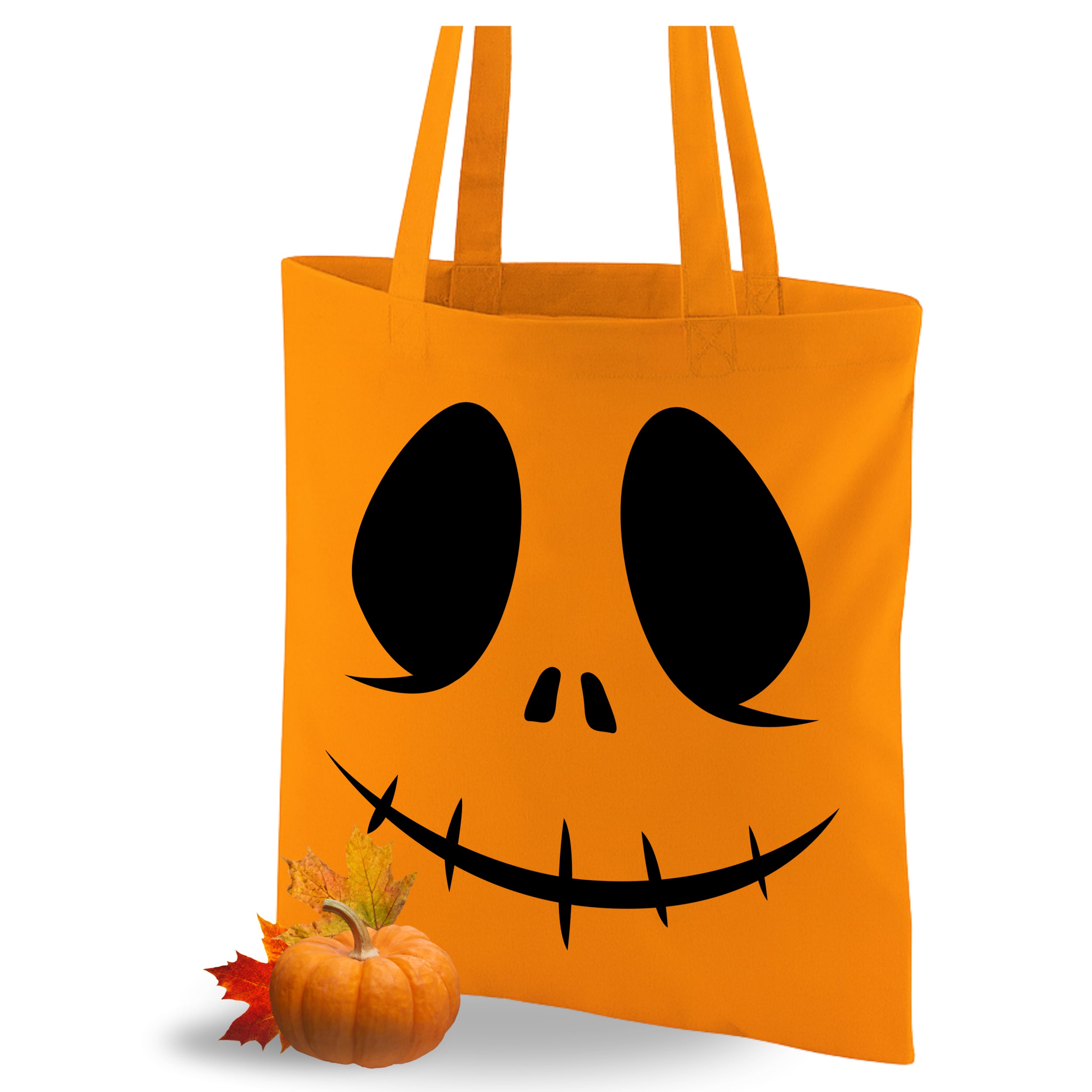 Orange Tasche mit schwarzem Kürbisgesicht und zwei Trägern.