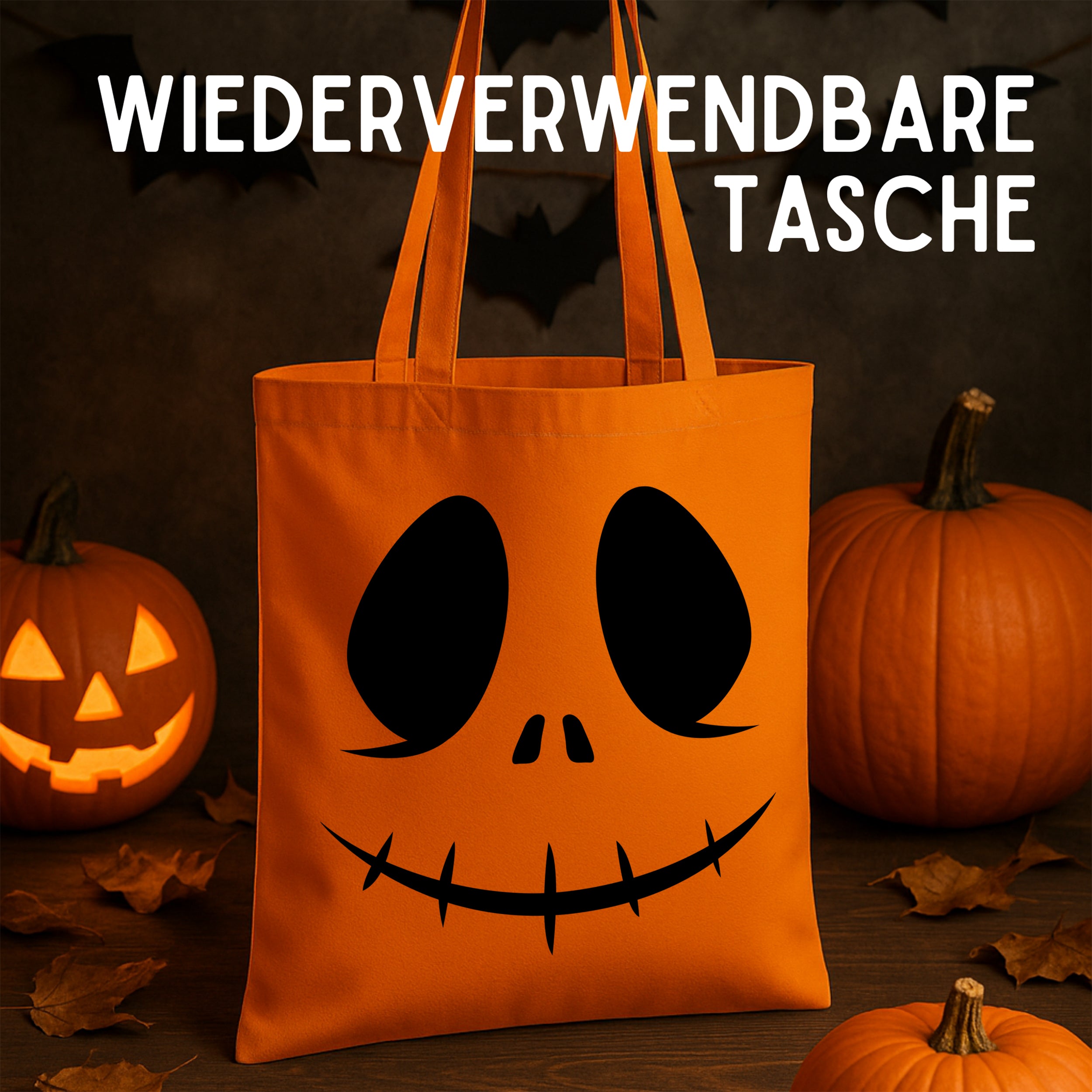 Wiederverwendbare orange Tasche mit grinsendem Halloween-Gesicht.