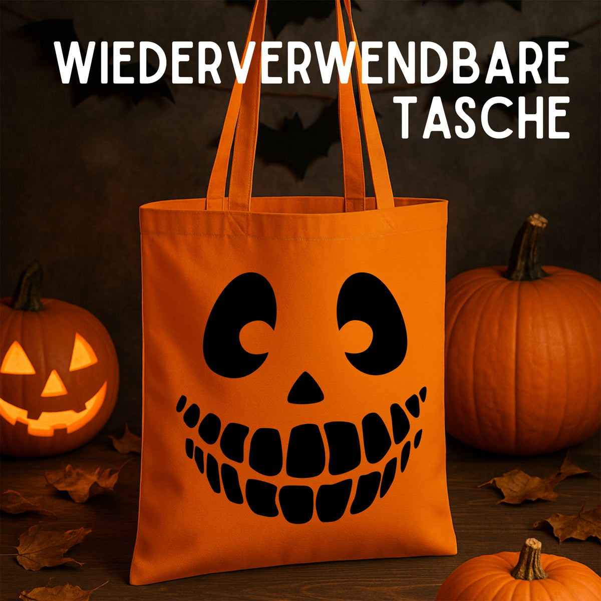 Wiederverwendbare orangefarbene Tasche mit schwarzem Totenkopf-Motiv.
