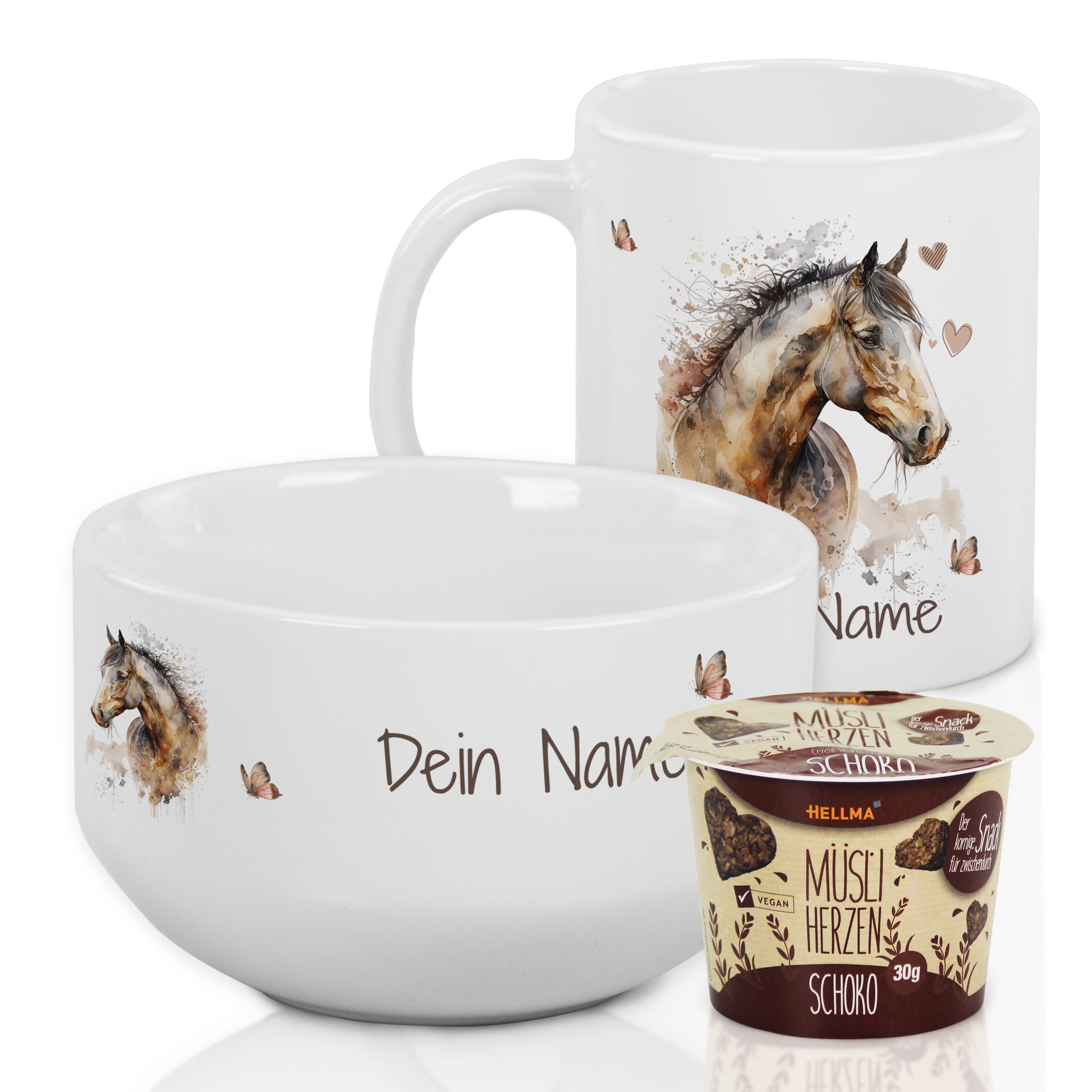 Personalisierte Tasse und Schüssel mit Pferdemotiv, weiß.