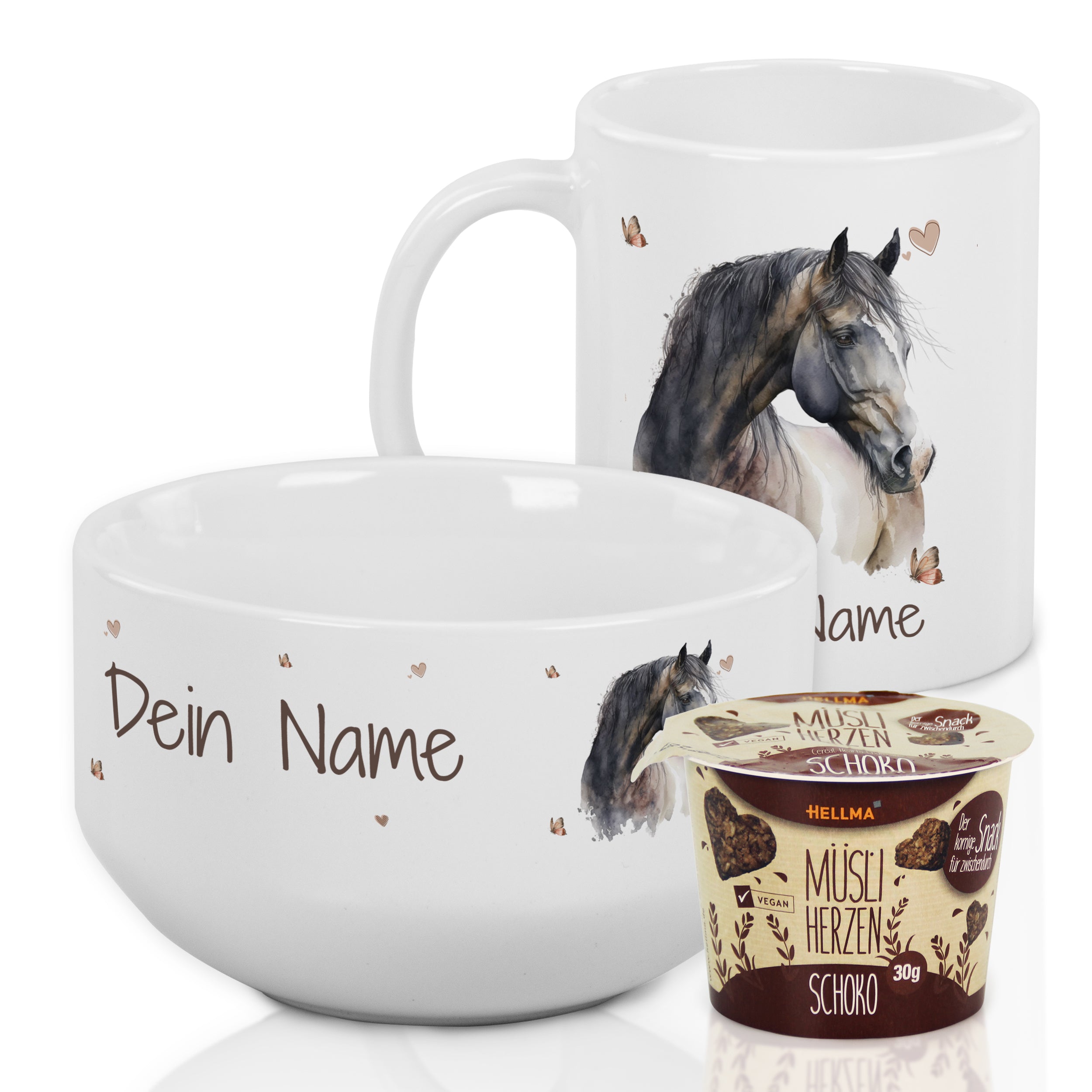 Personalisierte weiße Tasse und Schüssel mit Pferdemotiv.