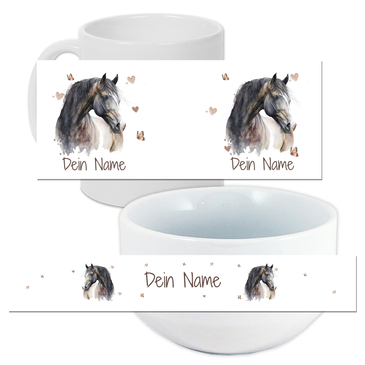 Tasse und Schüssel mit Pferdemotiv und personalisiertem Namen.