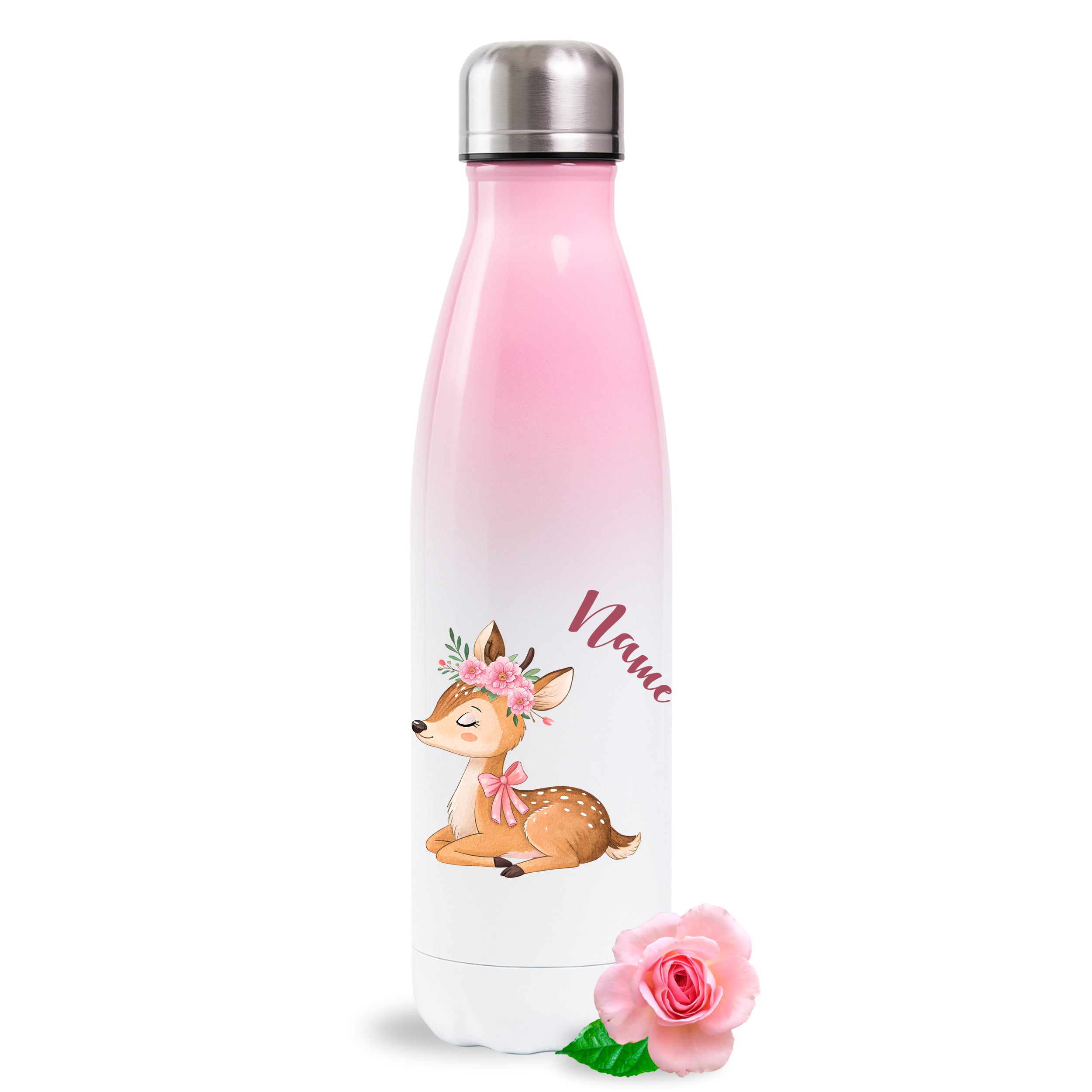Rosa Thermoflasche mit Rehmotiv und Wunschname