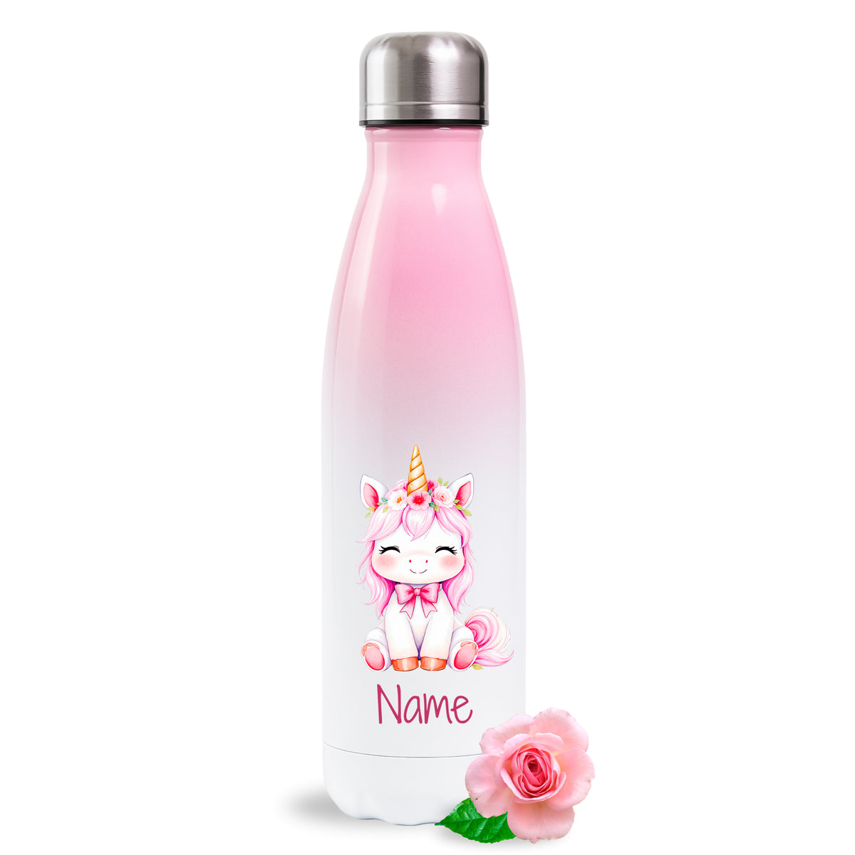 Rosa Thermoflasche mit Einhornmotiv und Wunschname