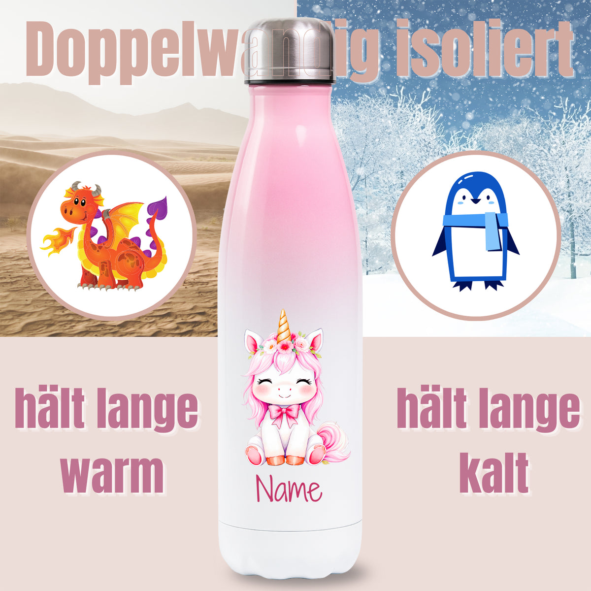Rosa Thermoflasche mit Einhornmotiv und Wunschname, Detailansicht des Druckmotivs