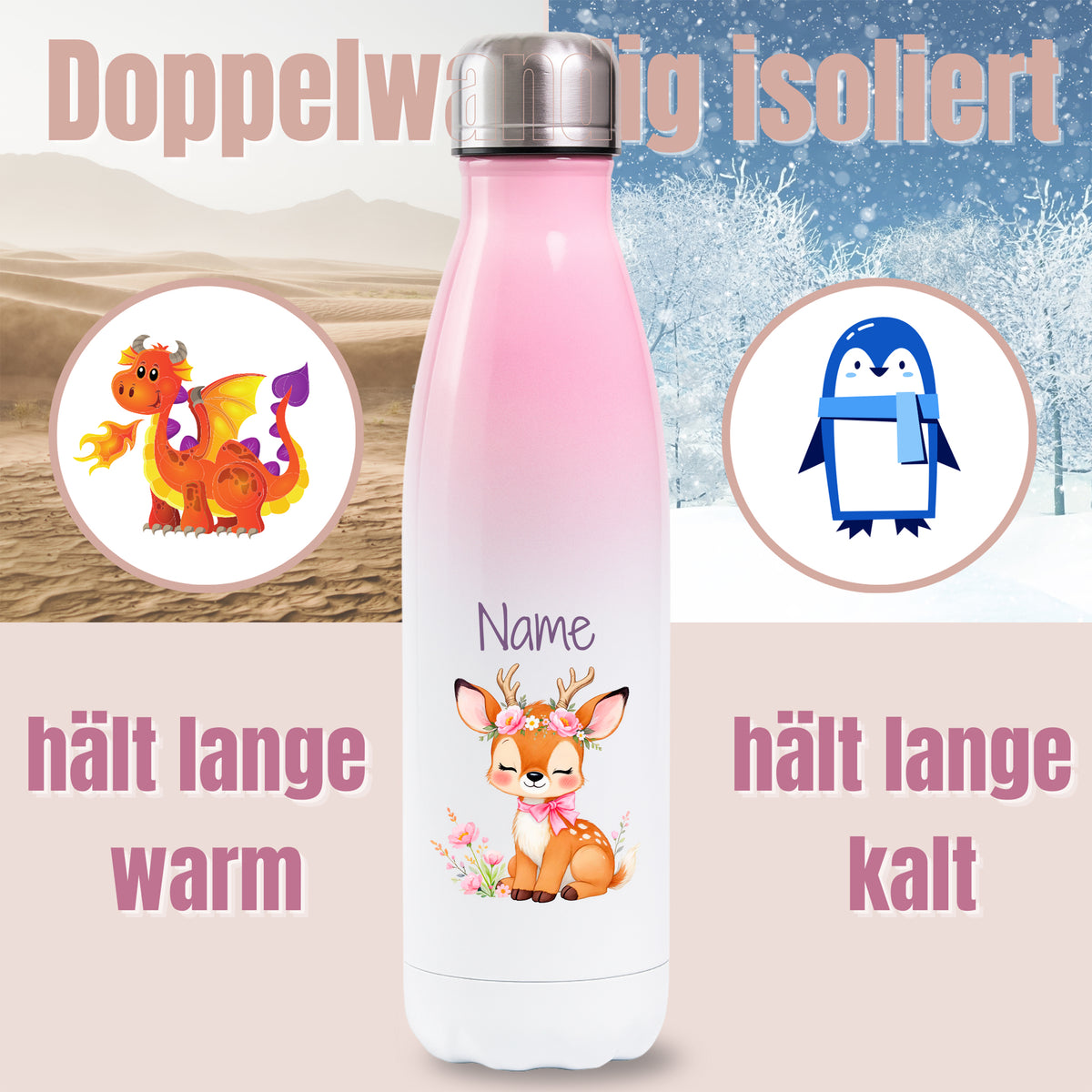 Rosa Thermoflasche mit Rehmotiv und Wunschname, Detailansicht des Druckmotivs
