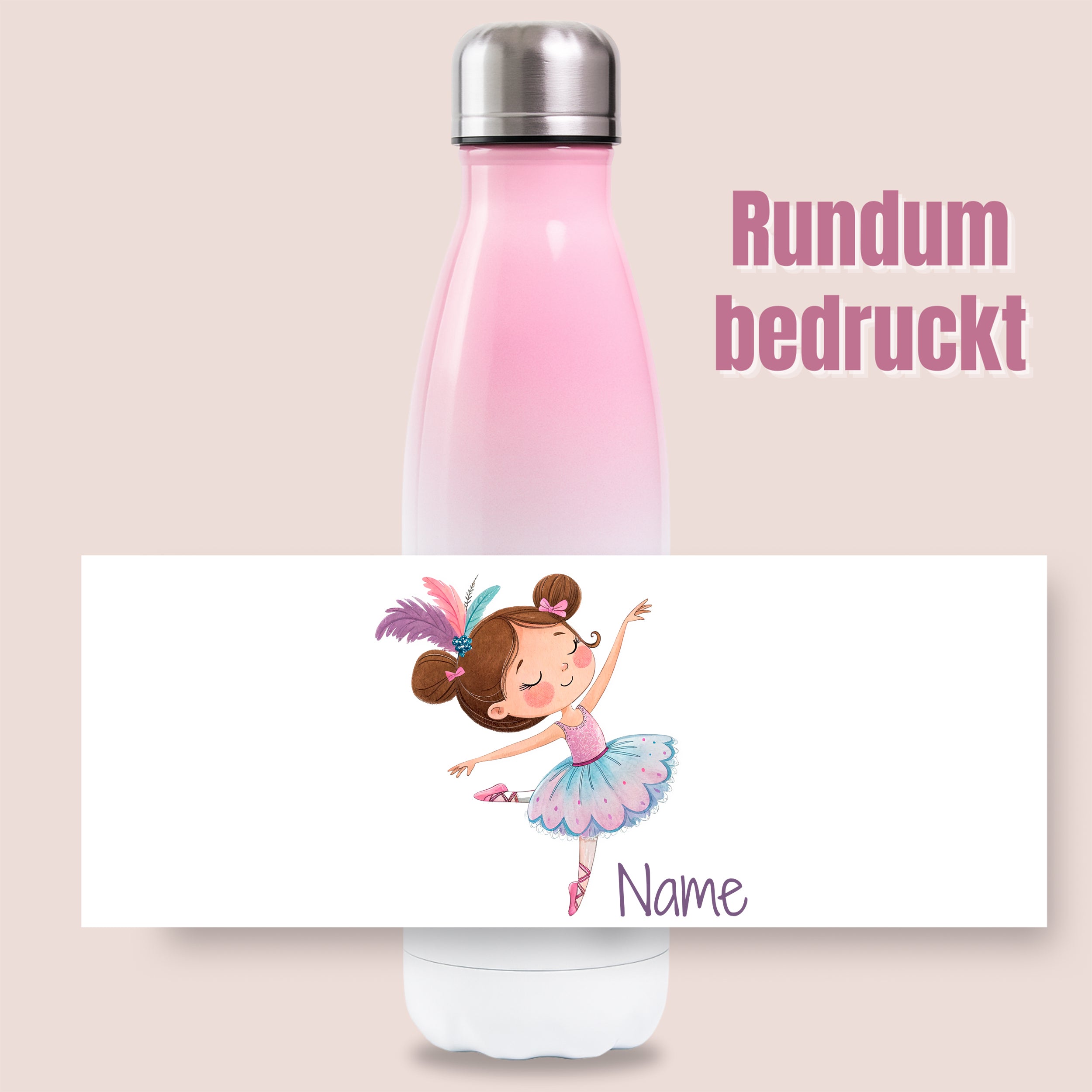 Rosa Thermoflasche mit Ballerina und Wunschname vor Produktgrafik