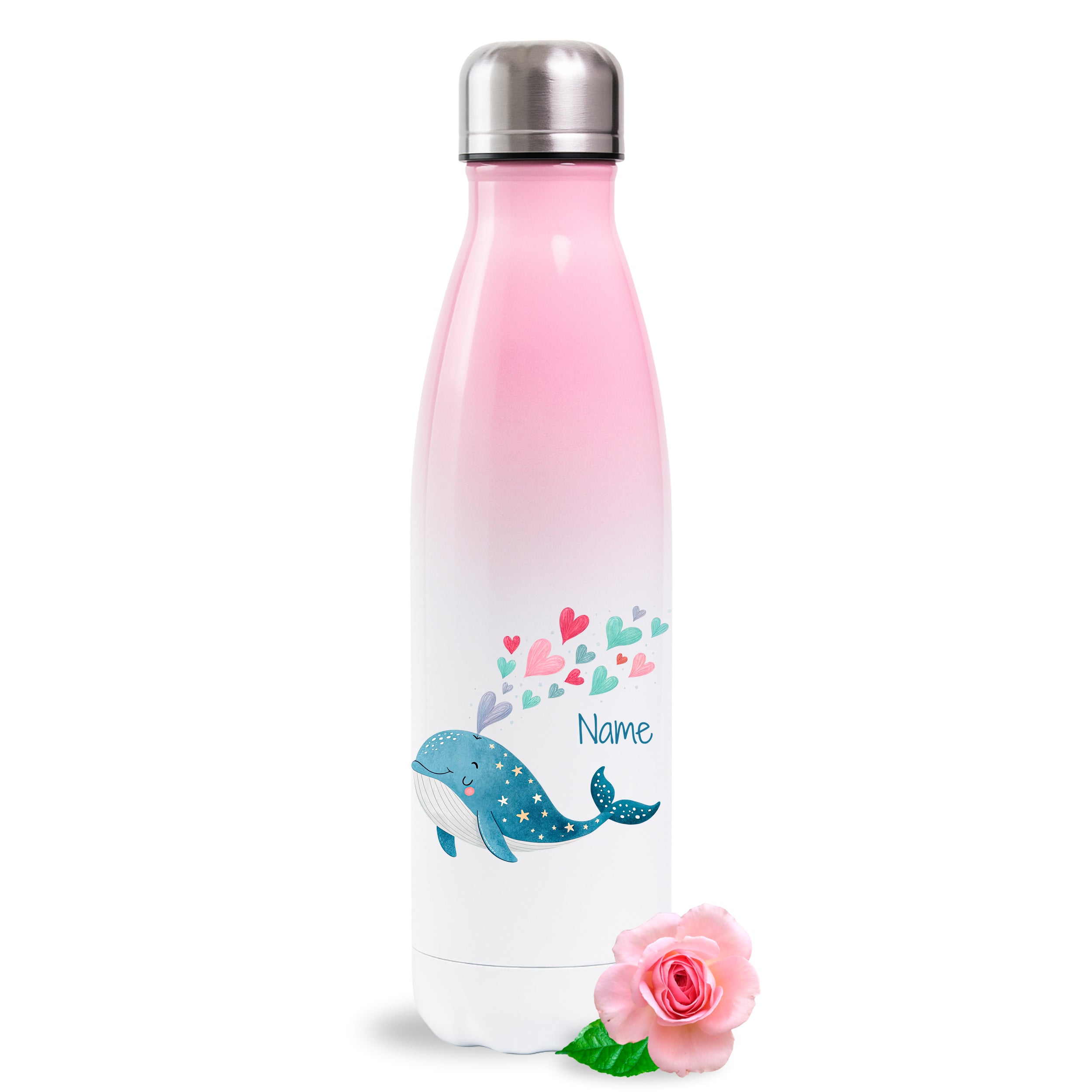 Rosa Thermoflasche mit Walmotiv und Wunschname