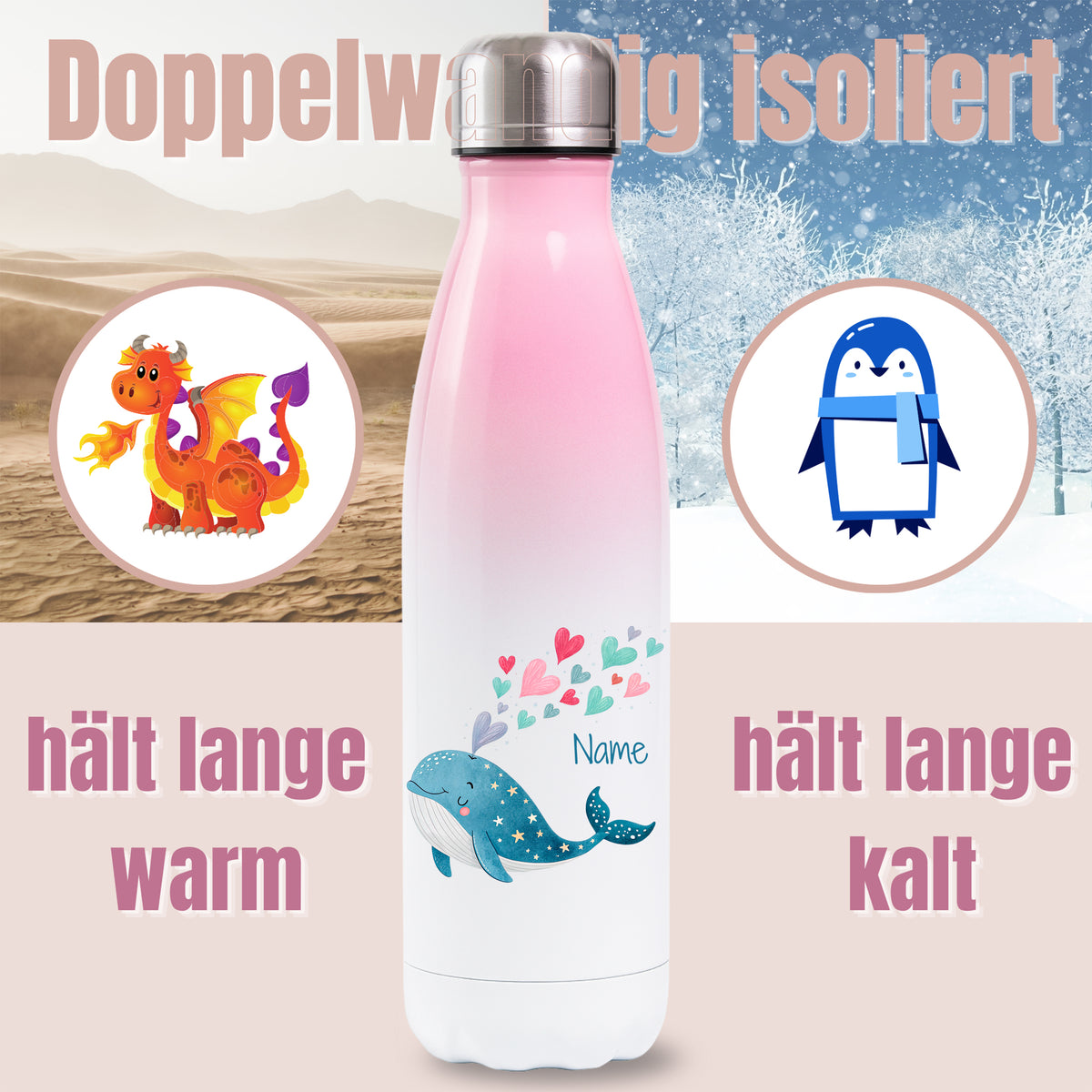 Rosa Thermoflasche mit Walmotiv und Wunschname, Detailansicht des Druckmotivs
