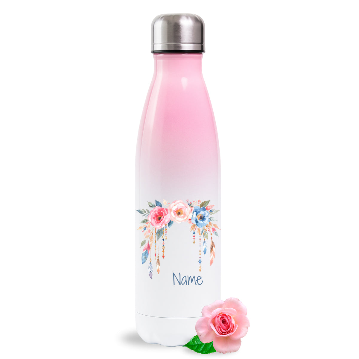 Rosa Thermoflasche mit Blumenmotiv und Wunschname