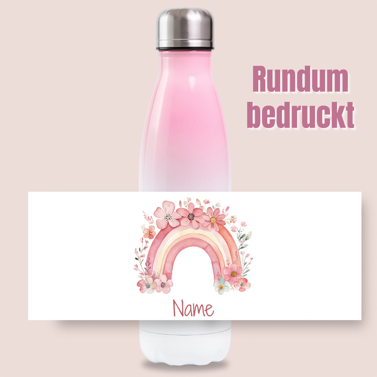 Rosa Thermoflasche mit Regenbogenmotiv und Wunschname vor Produktgrafik