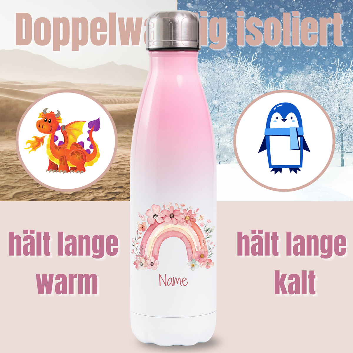 Rosa Thermoflasche mit Regenbogenmotiv und Wunschname, Detailansicht des Druckmotivs